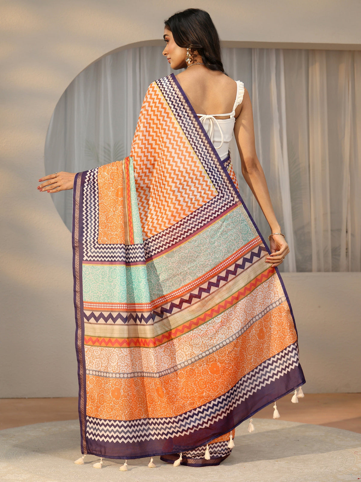 Anouk Multi Colour Chevron Printed Cotton Blend Saree