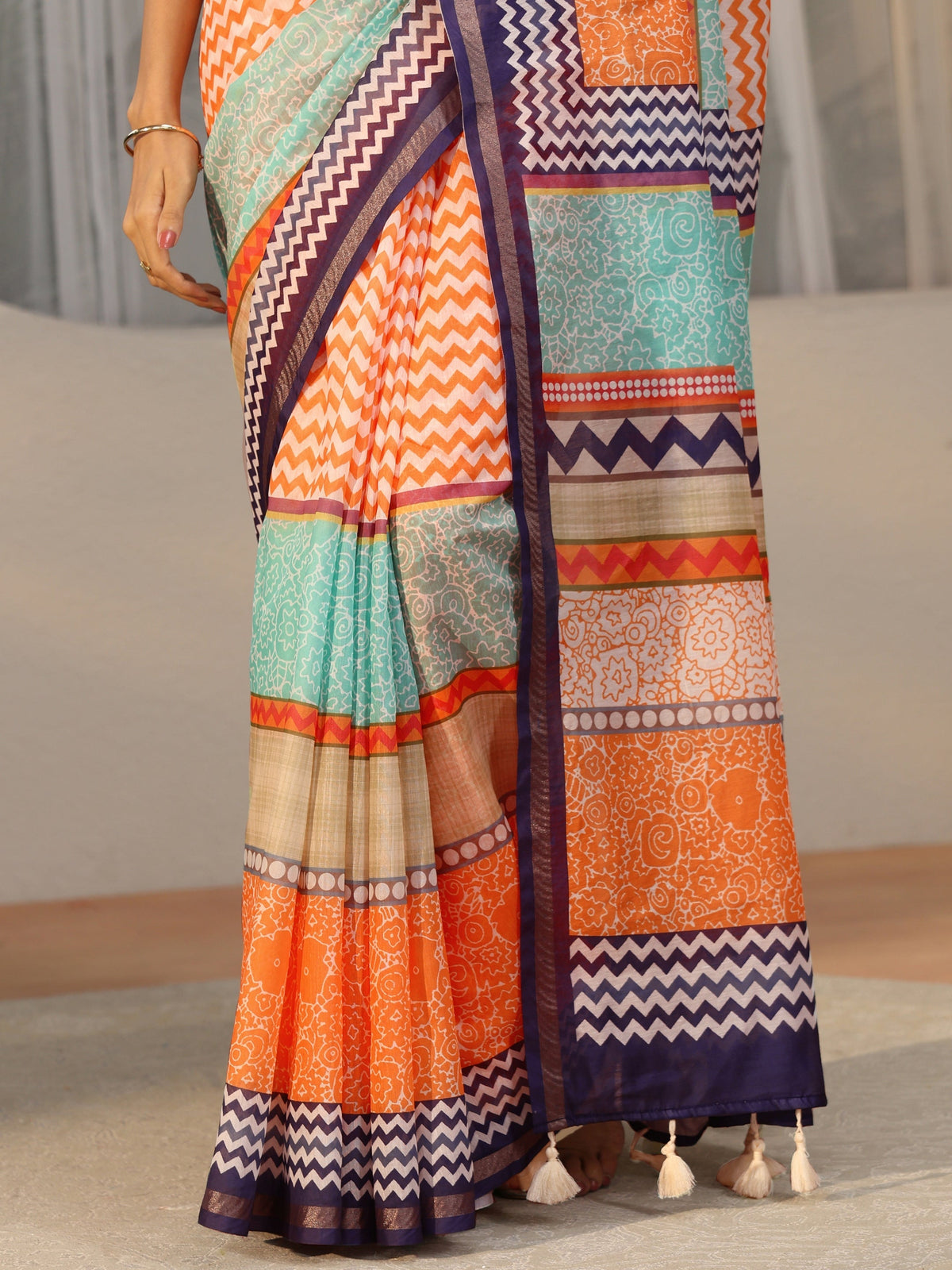 Anouk Multi Colour Chevron Printed Cotton Blend Saree