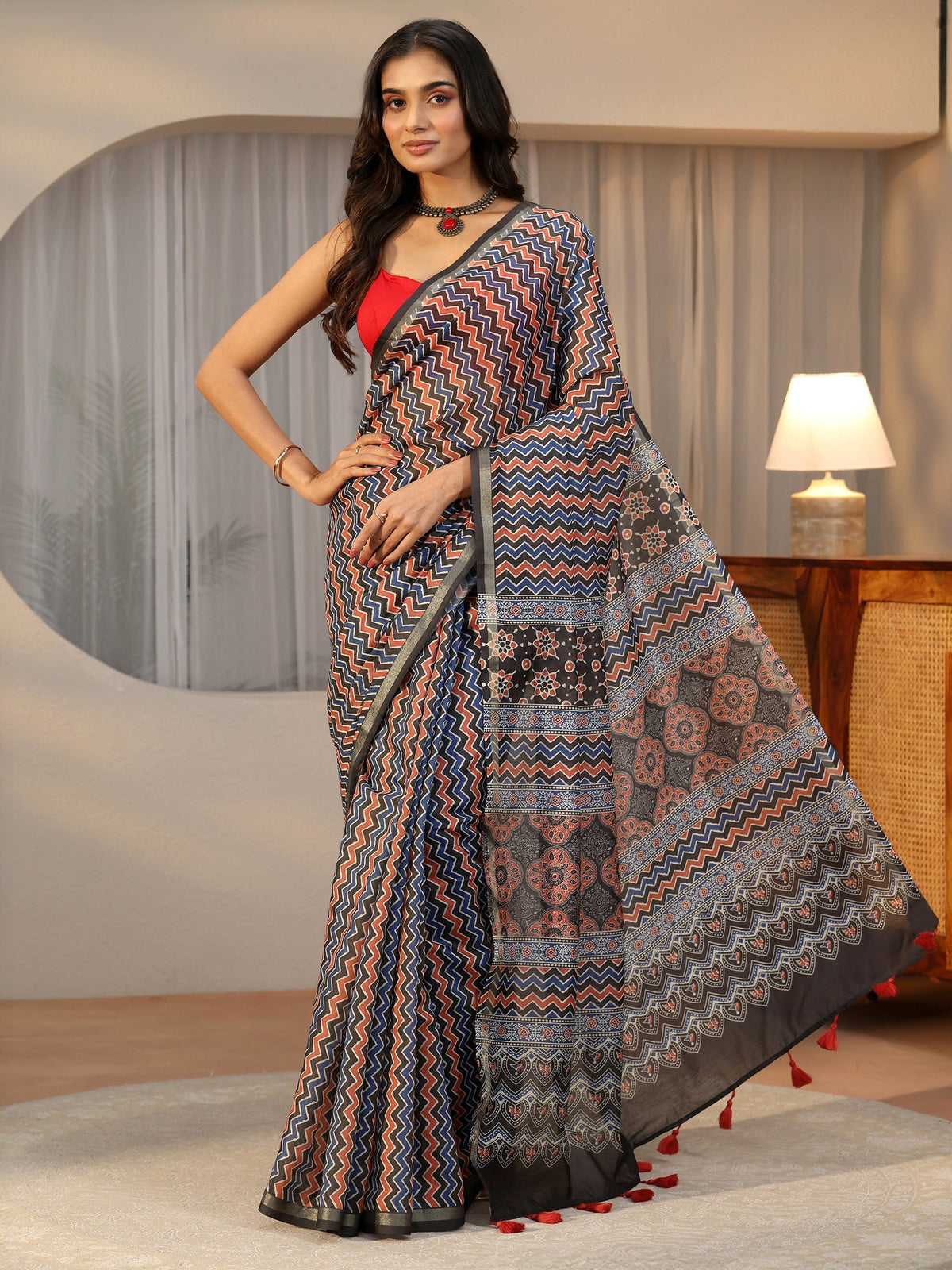 Anouk Multi Colour Chevron Printed Cotton Blend Saree