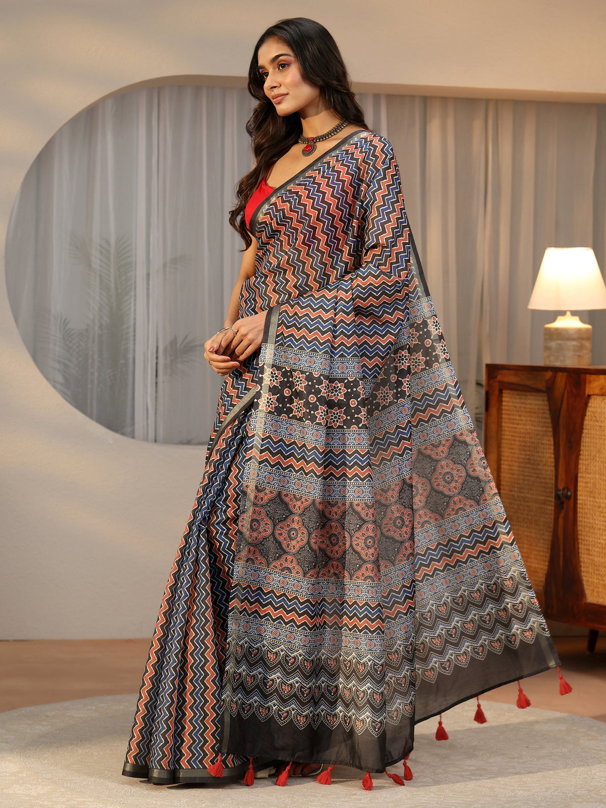Anouk Multi Colour Chevron Printed Cotton Blend Saree