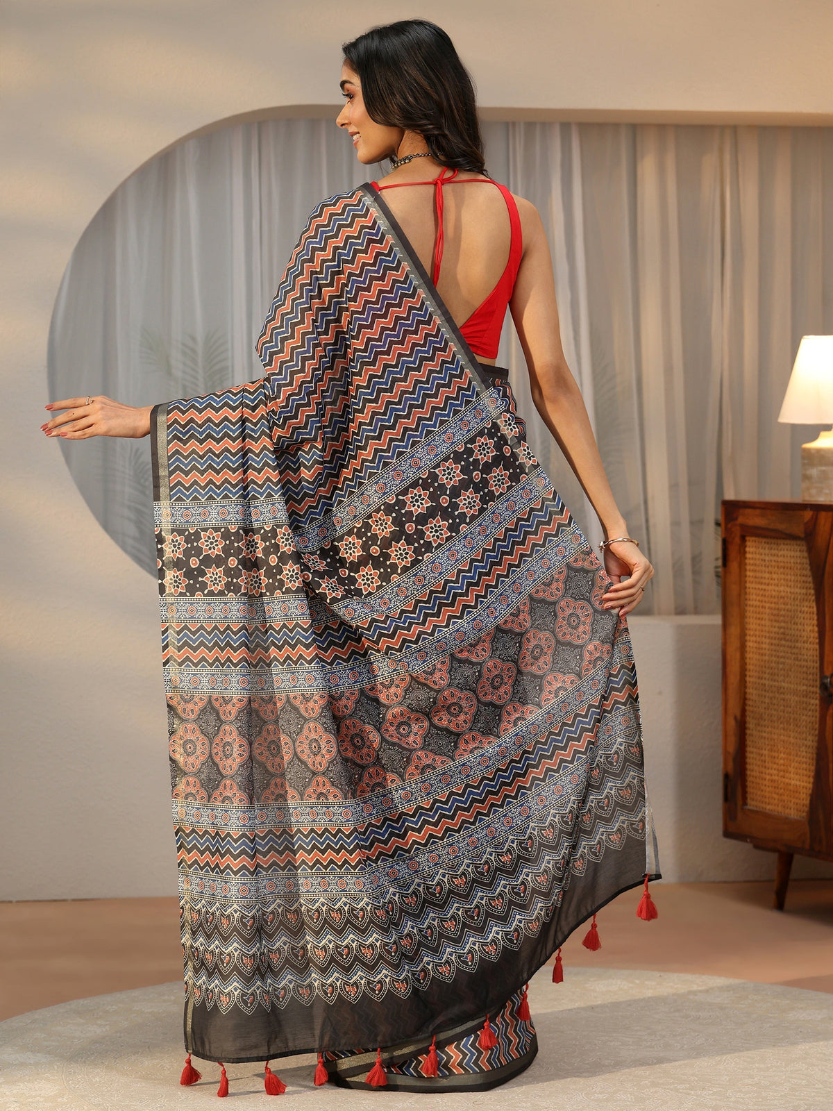 Anouk Multi Colour Chevron Printed Cotton Blend Saree
