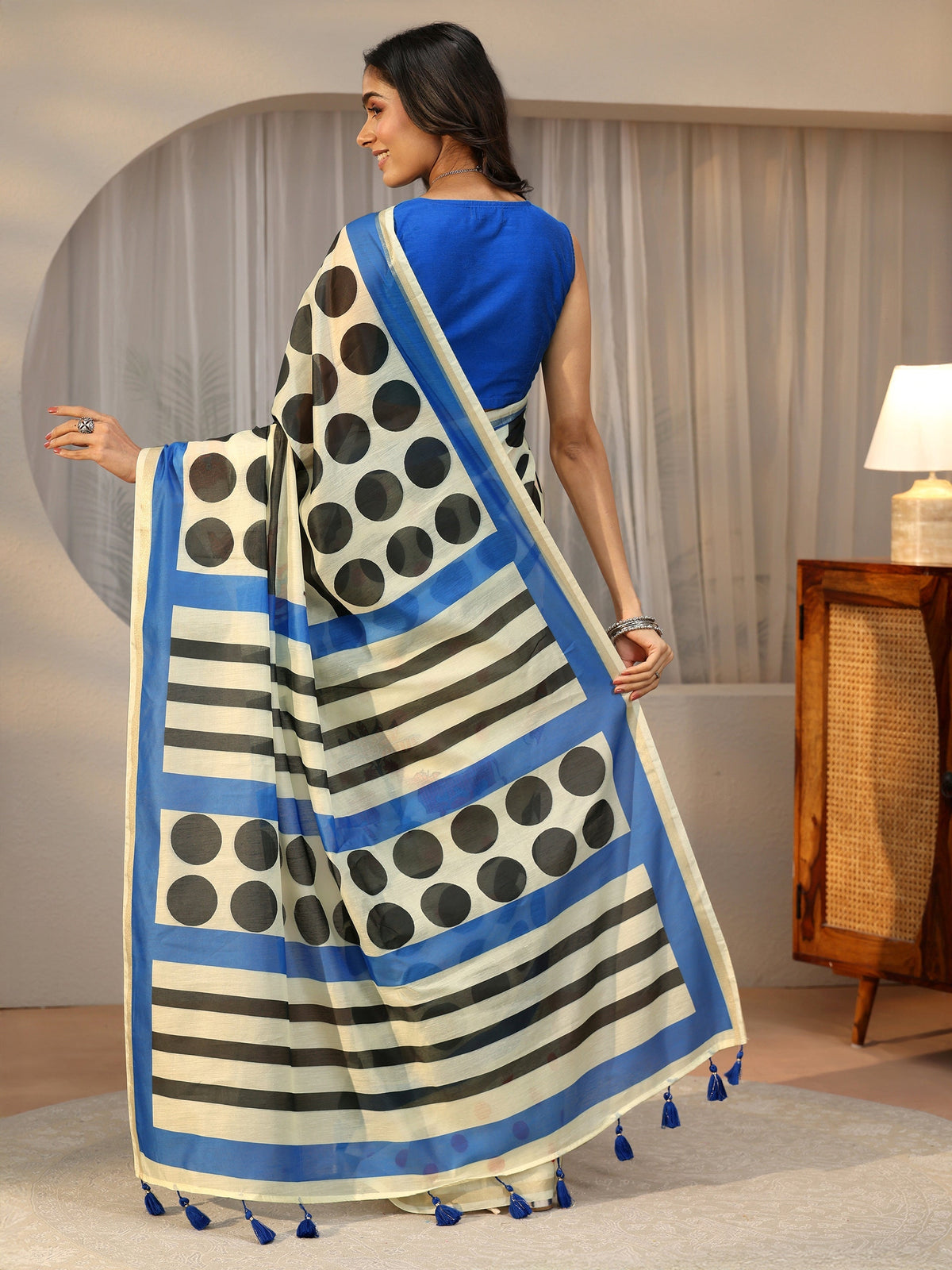 Anouk Beige Polka Dot Print Cotton Blend Saree