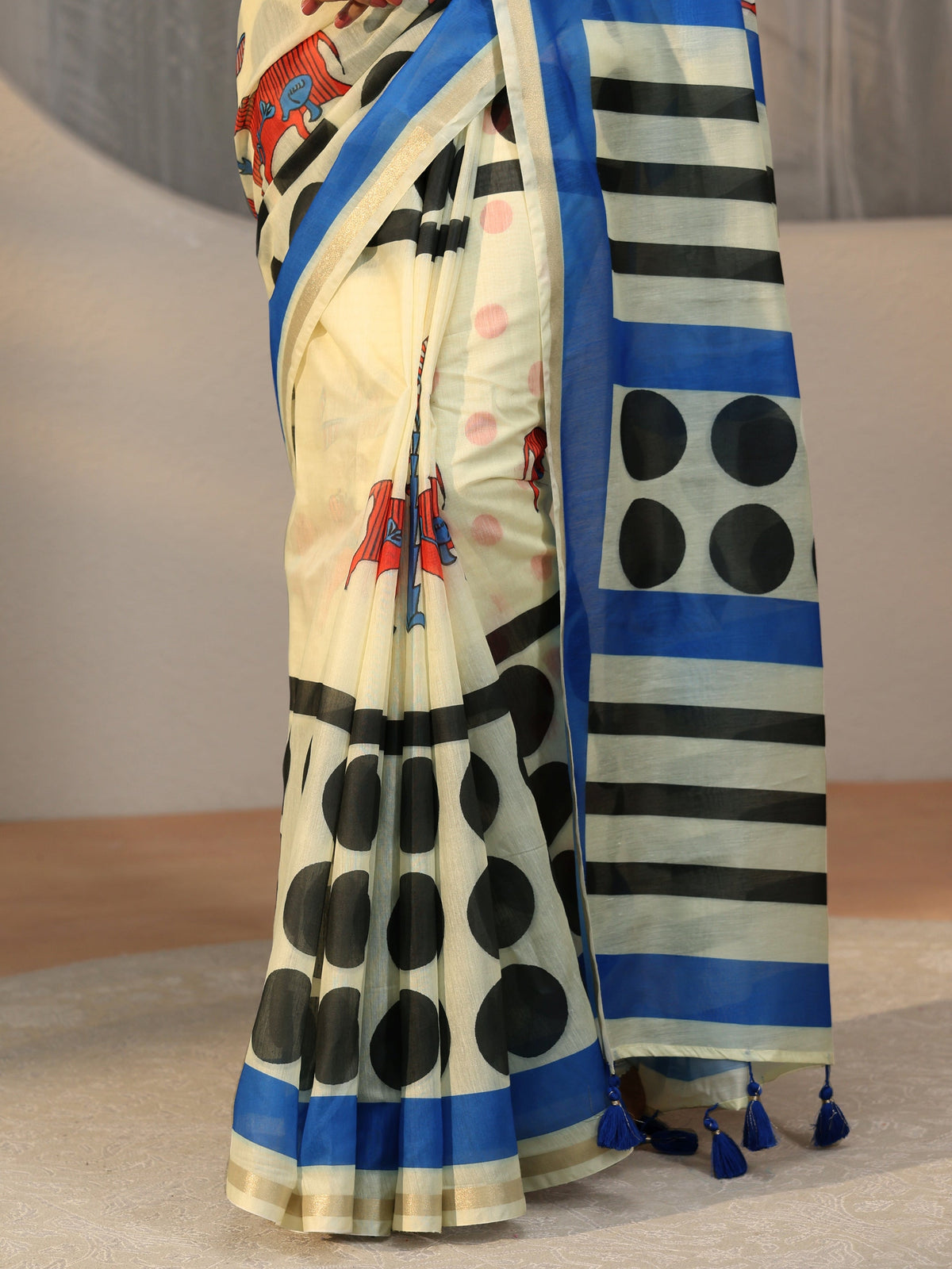 Anouk Beige Polka Dot Print Cotton Blend Saree