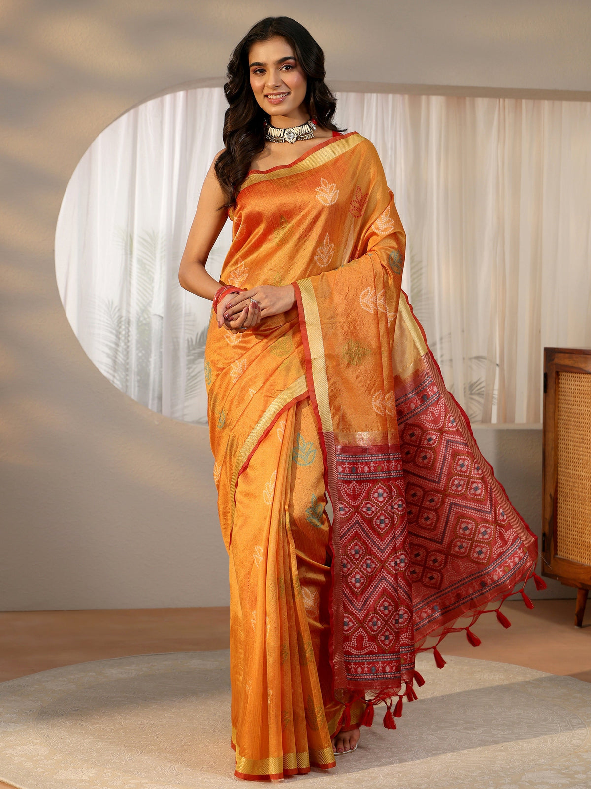 Anouk Orange Bandhani Silk Blend Saree