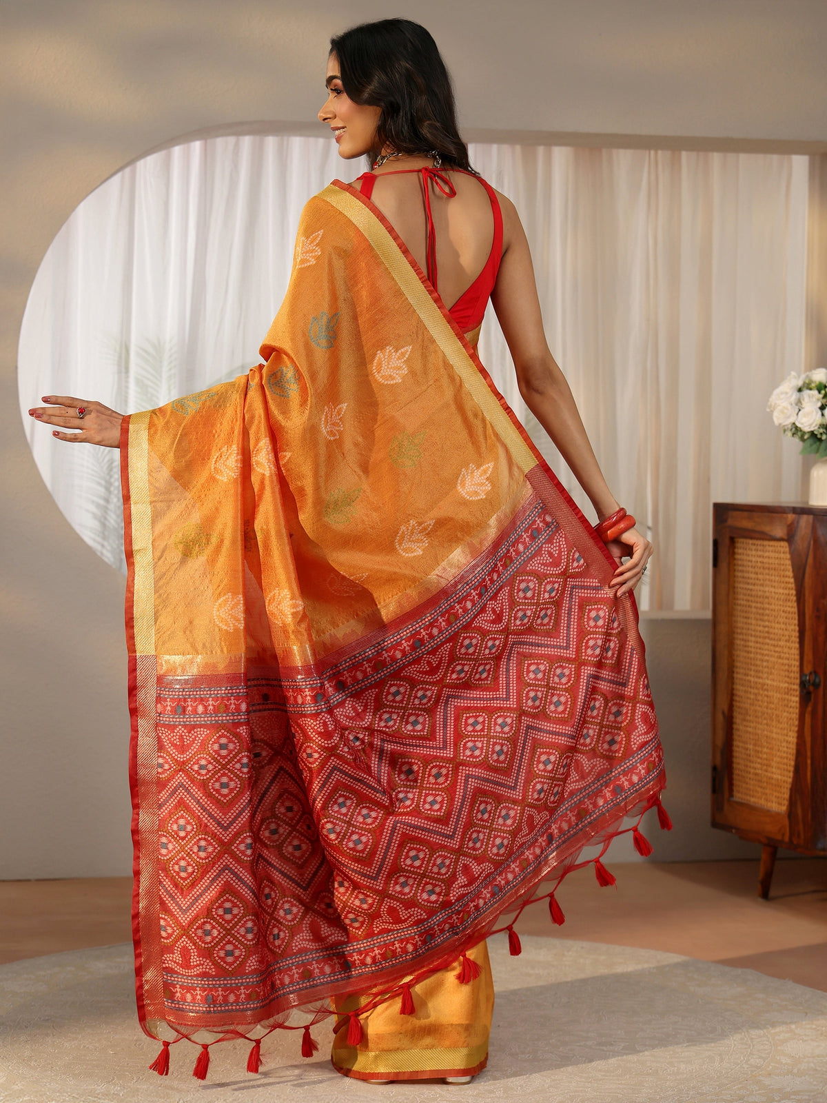 Anouk Orange Bandhani Silk Blend Saree