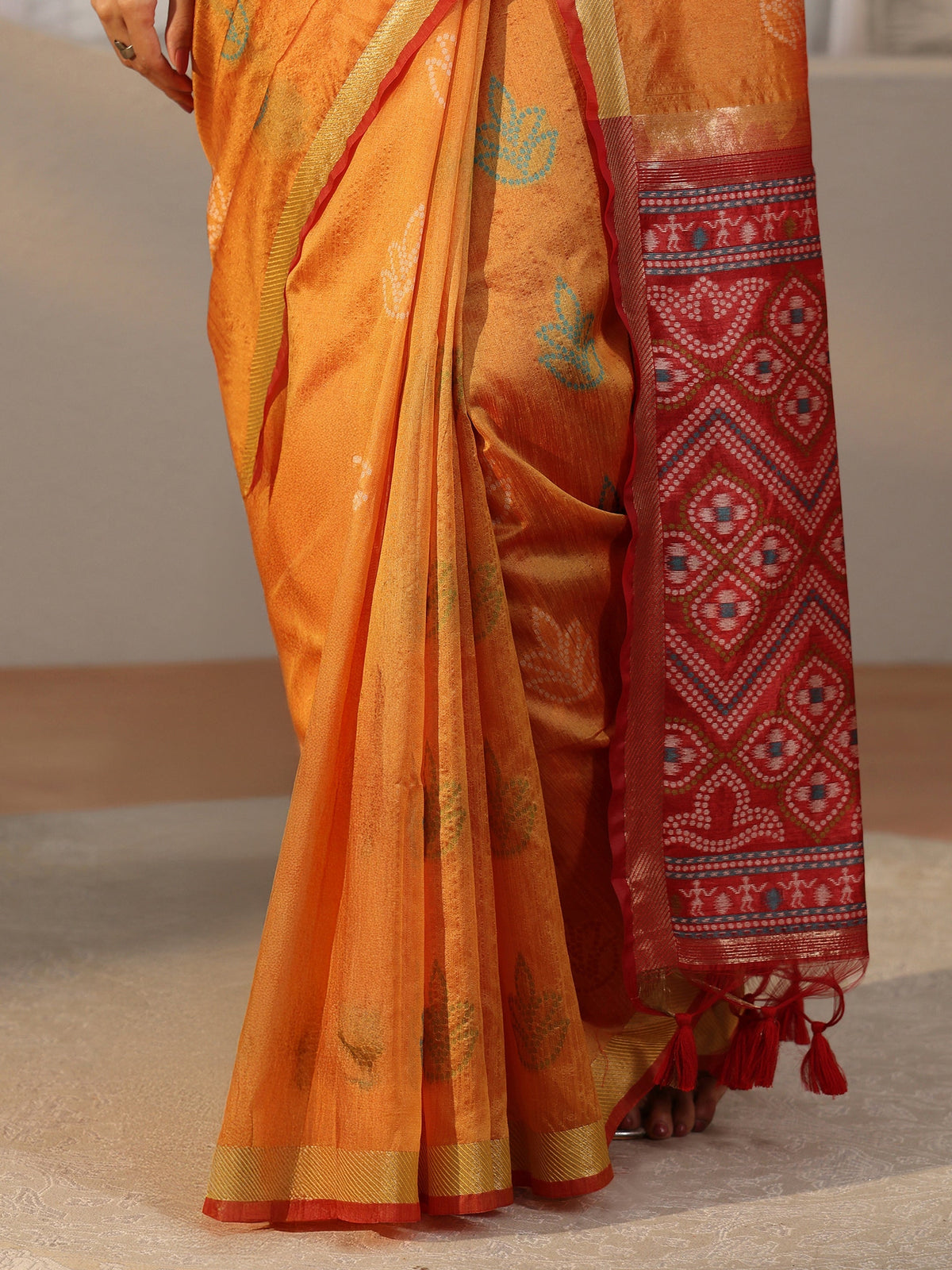 Anouk Orange Bandhani Silk Blend Saree