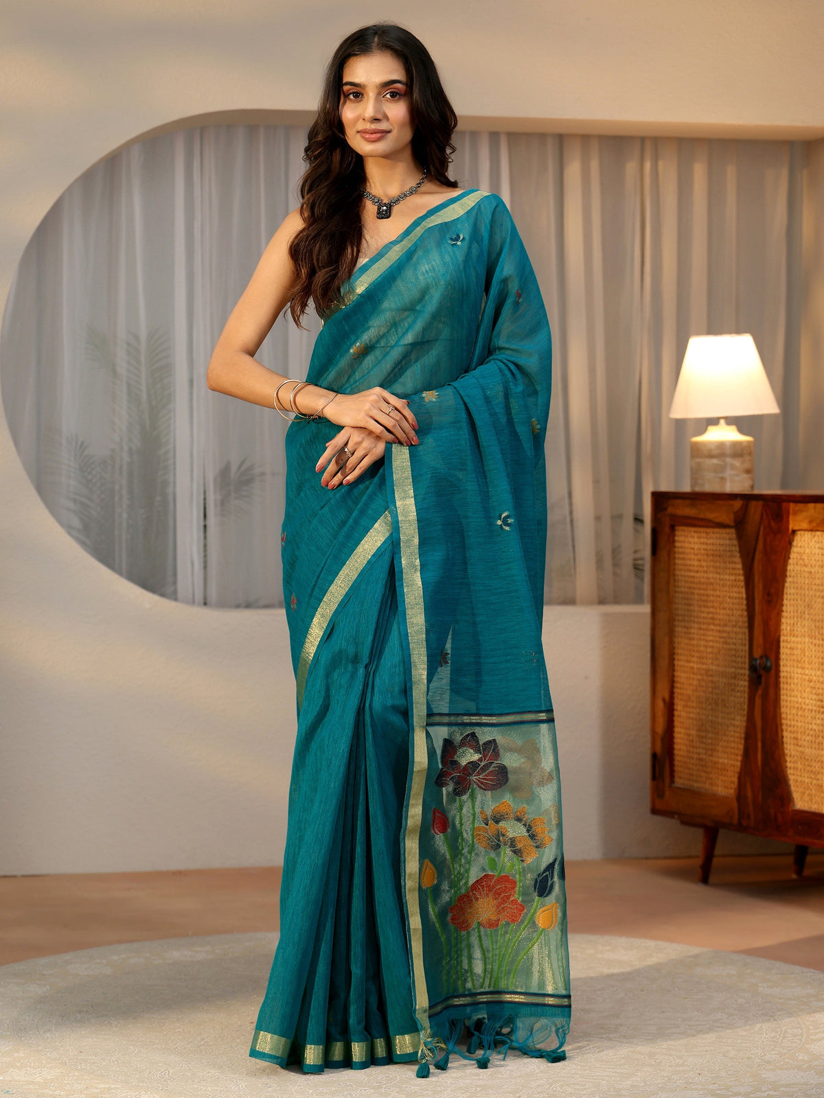 Anouk Teal Blue Woven Design Floral Pallu Silk Blend Saree
