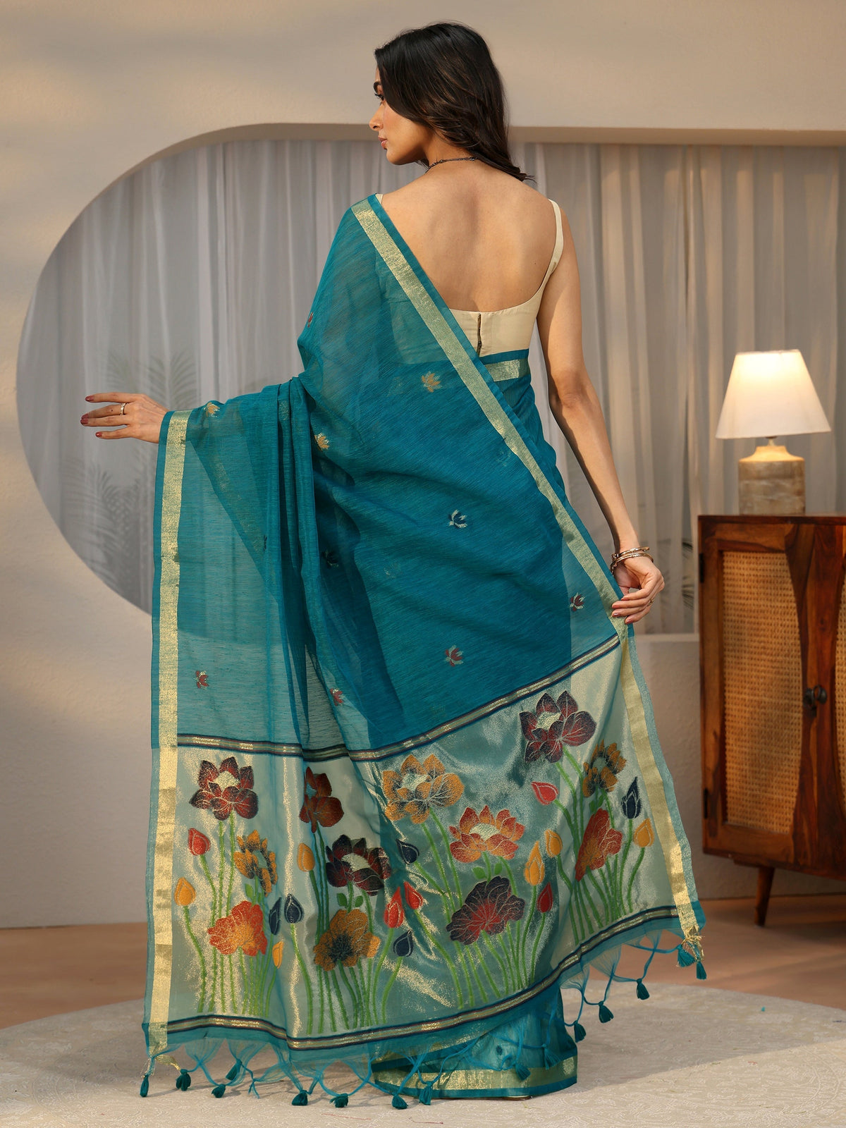 Anouk Teal Blue Woven Design Floral Pallu Silk Blend Saree