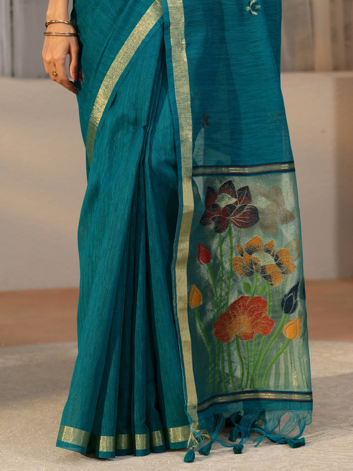 Anouk Teal Blue Woven Design Floral Pallu Silk Blend Saree