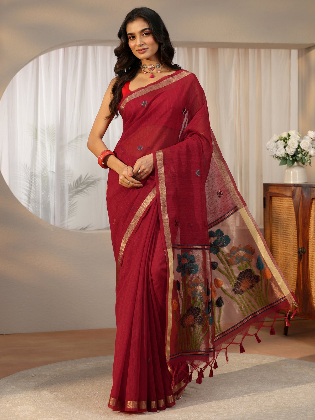 Anouk Crimson Red Woven Design Floral Pallu Silk Blend Saree