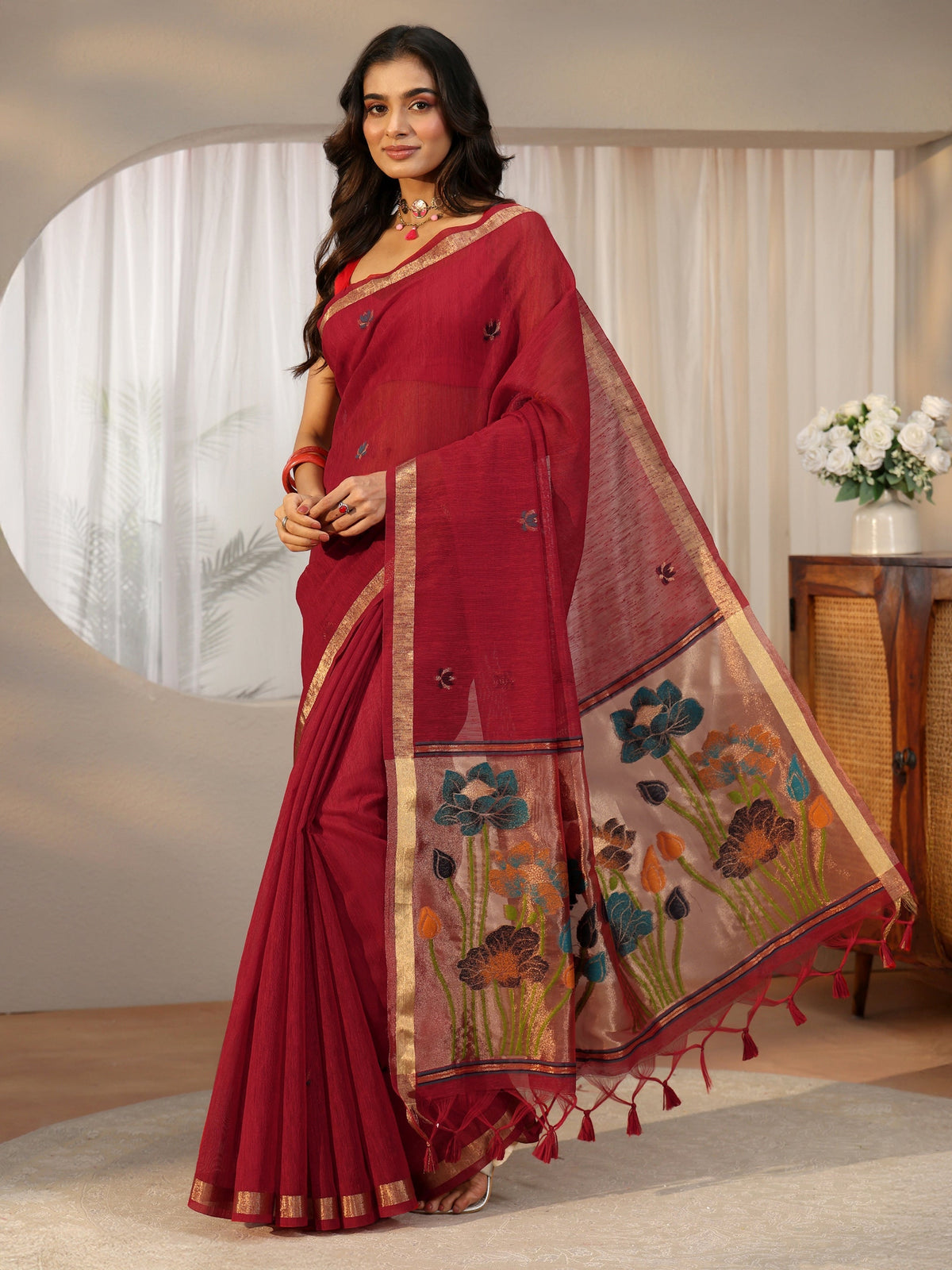 Anouk Crimson Red Woven Design Floral Pallu Silk Blend Saree