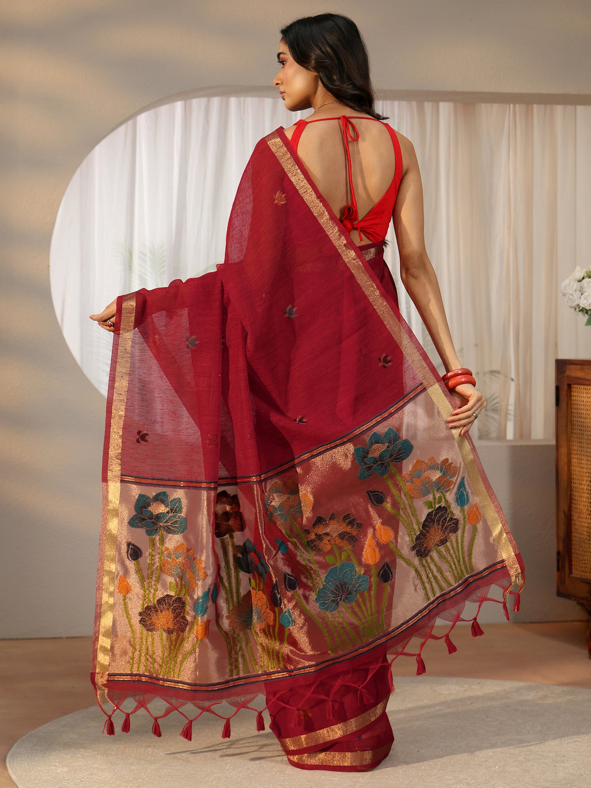 Anouk Crimson Red Woven Design Floral Pallu Silk Blend Saree