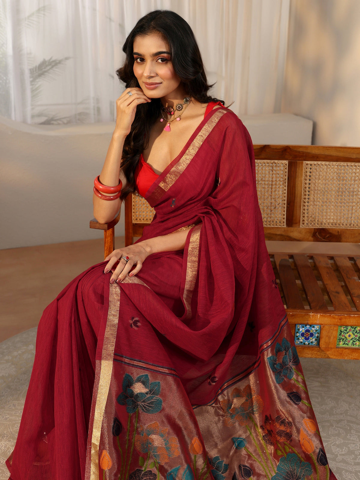 Anouk Crimson Red Woven Design Floral Pallu Silk Blend Saree
