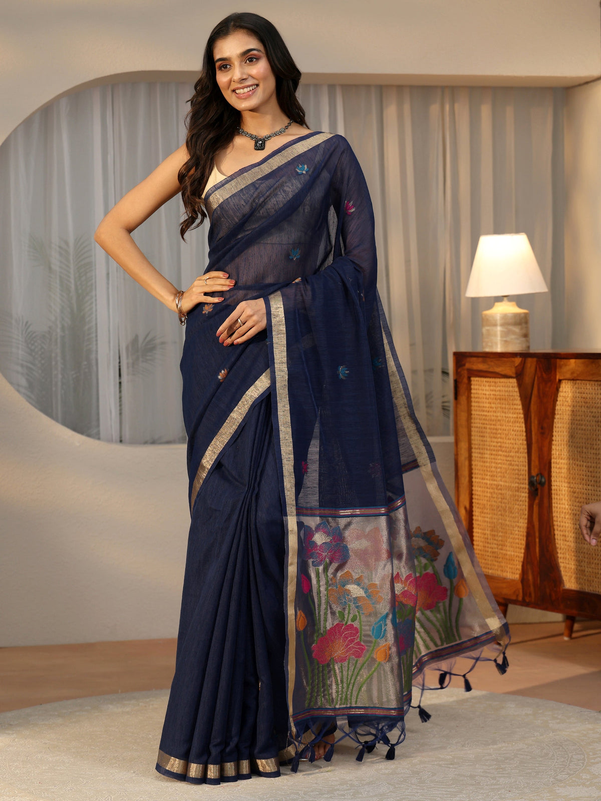 Anouk Navy Blue Woven Design Floral Pallu Silk Blend Saree