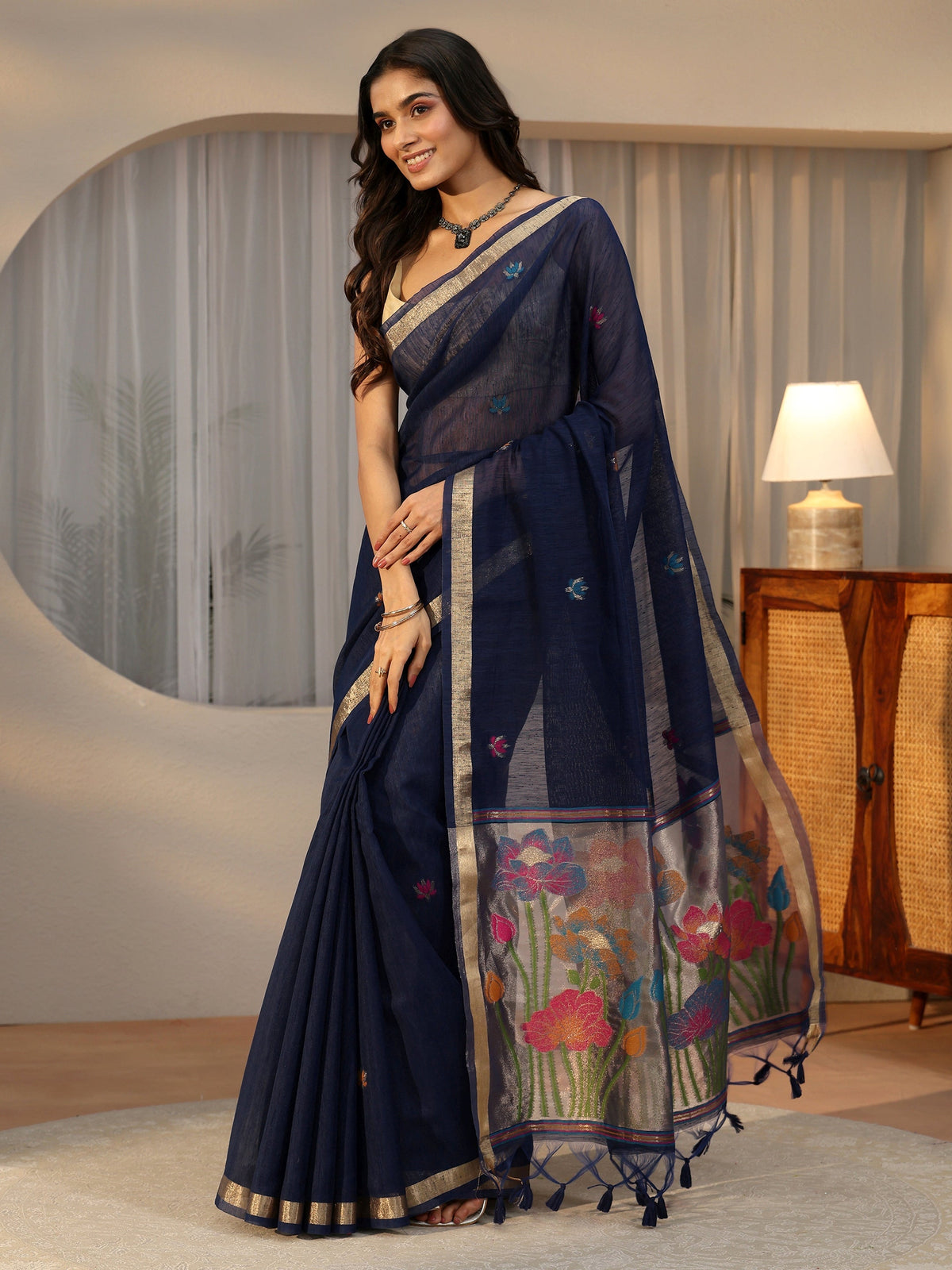 Anouk Navy Blue Woven Design Floral Pallu Silk Blend Saree