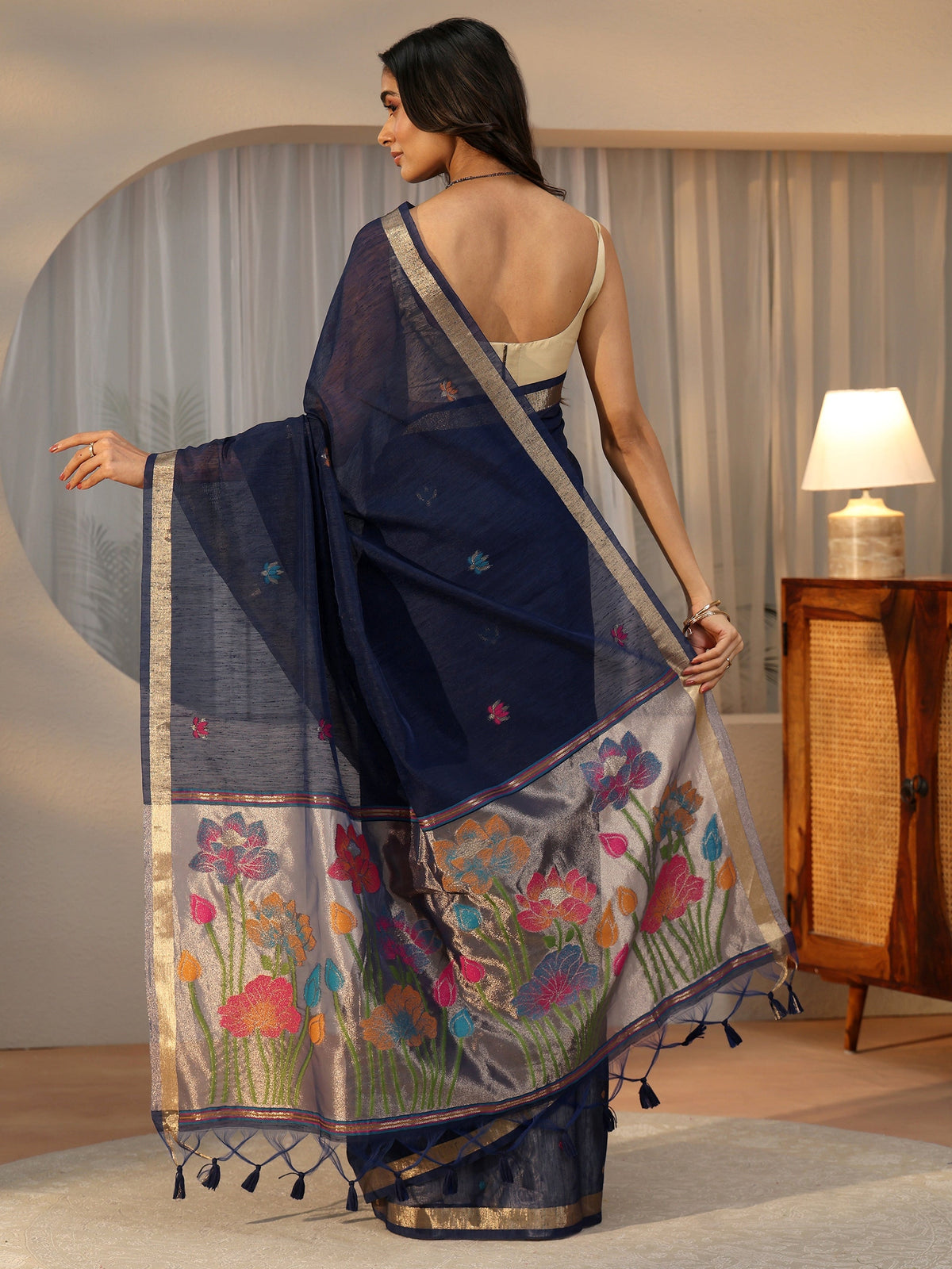 Anouk Navy Blue Woven Design Floral Pallu Silk Blend Saree