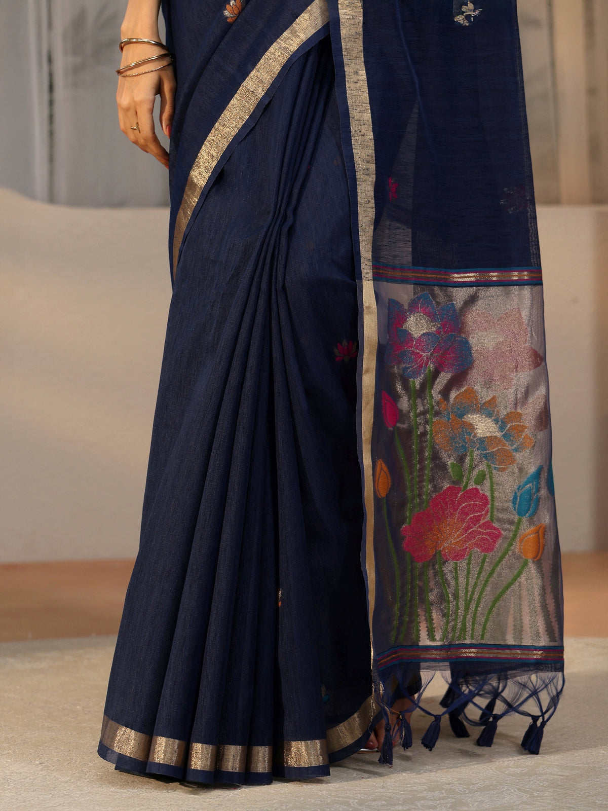 Anouk Navy Blue Woven Design Floral Pallu Silk Blend Saree