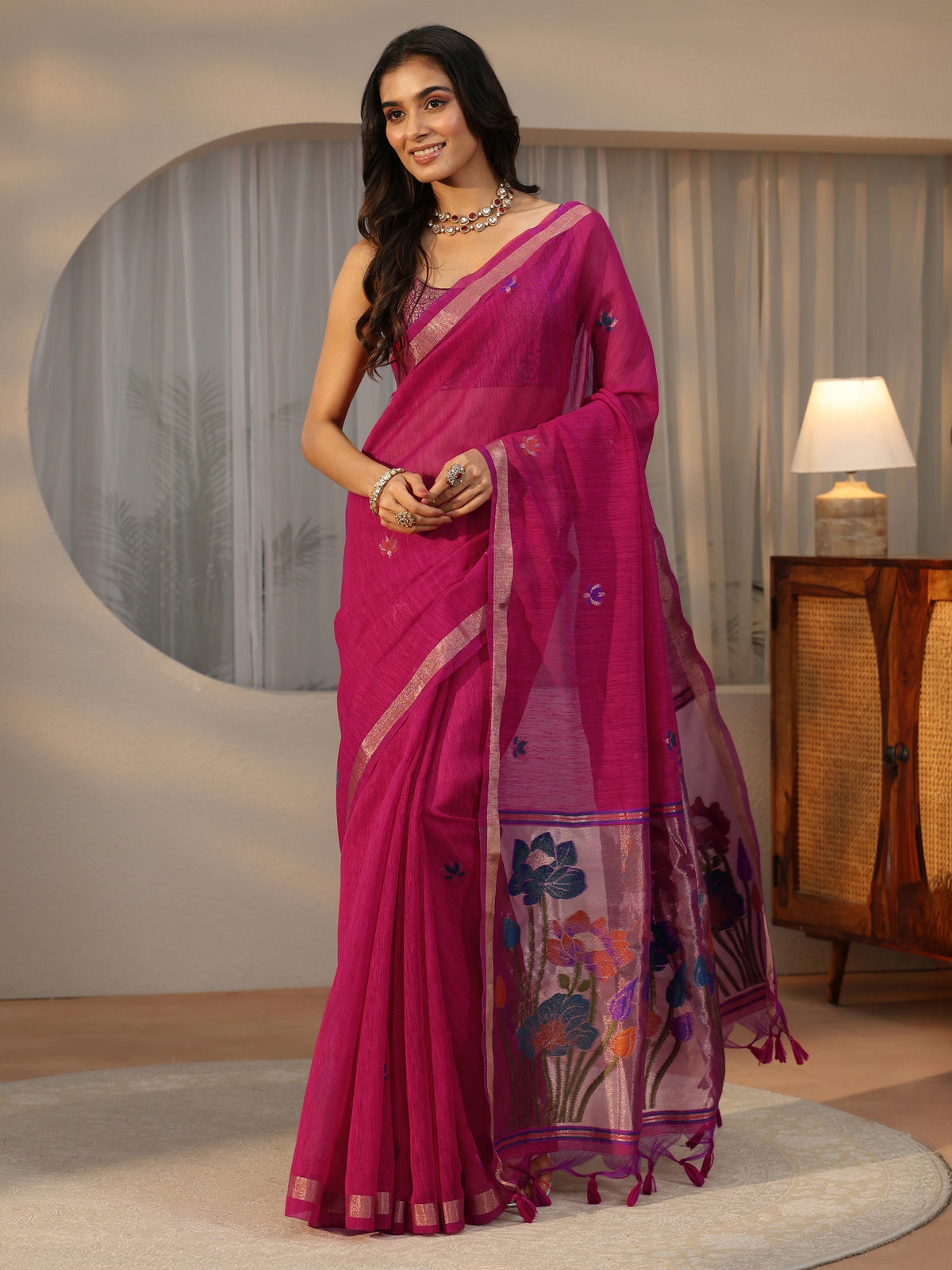 Anouk Rani Pink Woven Design Floral Pallu Silk Blend Saree