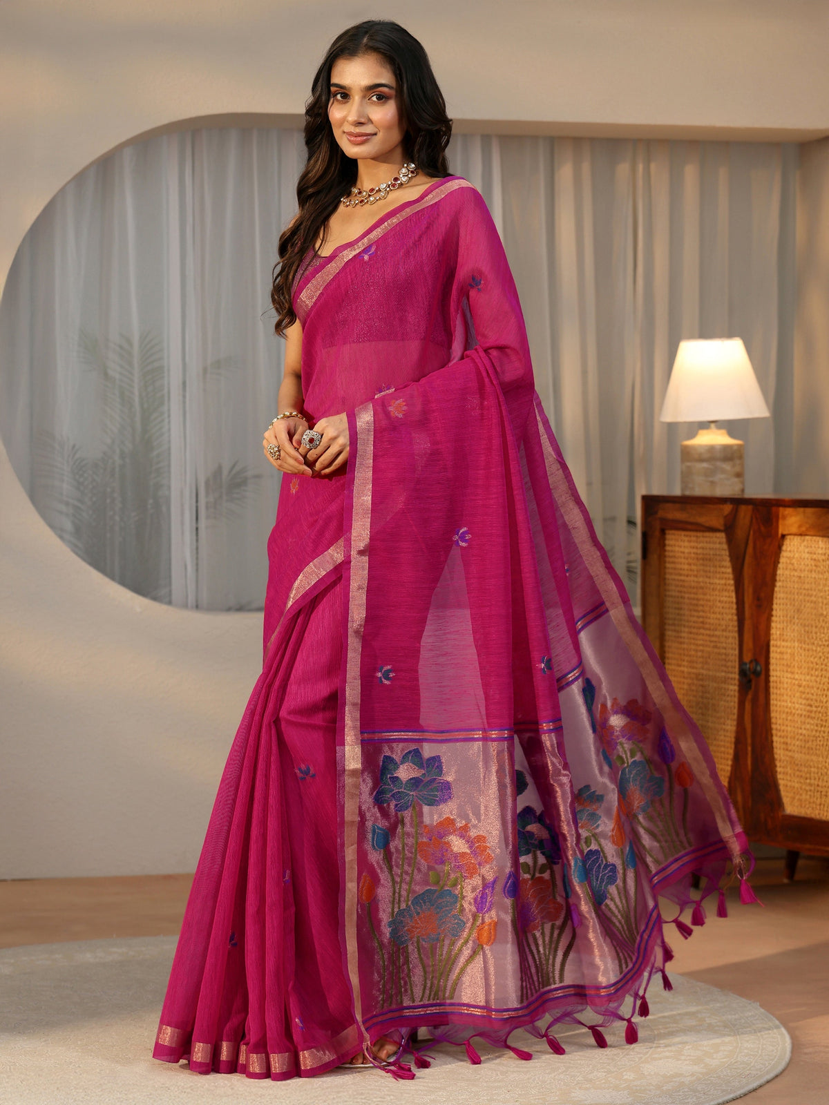 Anouk Rani Pink Woven Design Floral Pallu Silk Blend Saree