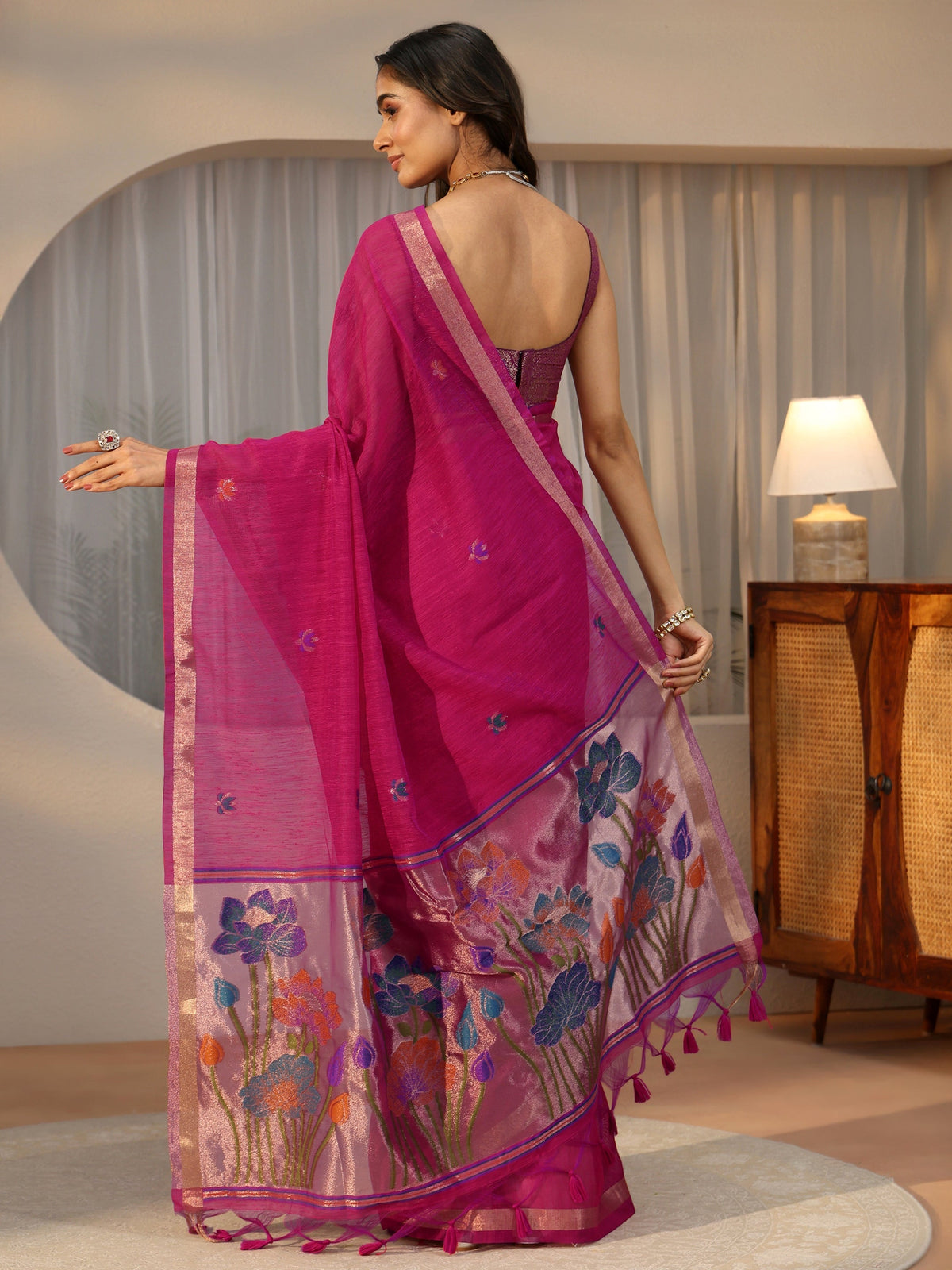 Anouk Rani Pink Woven Design Floral Pallu Silk Blend Saree