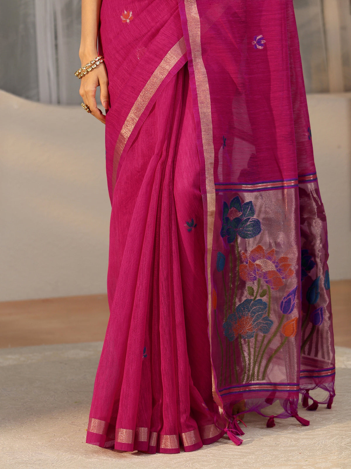 Anouk Rani Pink Woven Design Floral Pallu Silk Blend Saree