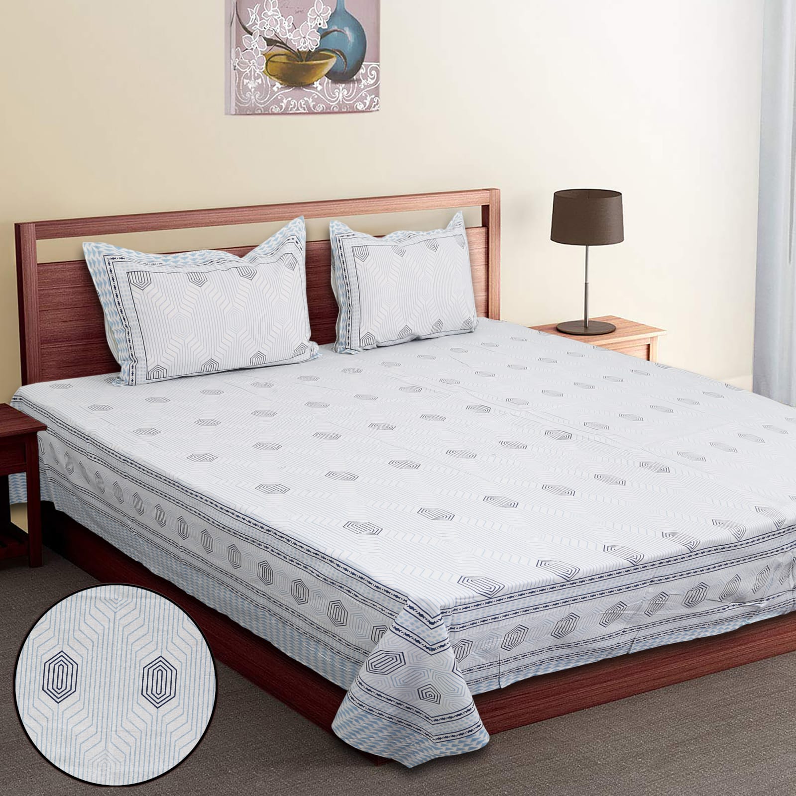 King-Size Bed Sheet Set with 2 Pillow Covers (Cotton Autoloom Fabric)