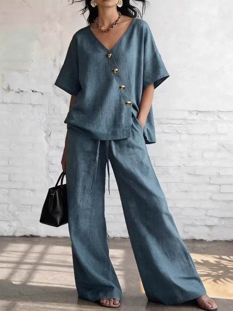 V-Neck Buttoned Top & Drawstring Wide-Leg Pants