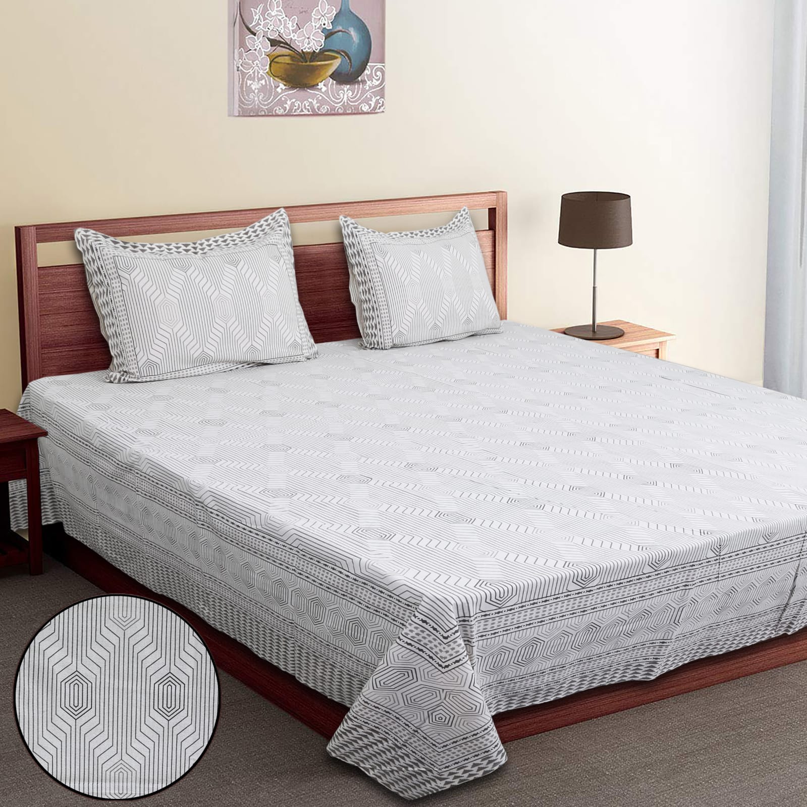 King-Size Bed Sheet Set with 2 Pillow Covers (Cotton Autoloom Fabric)