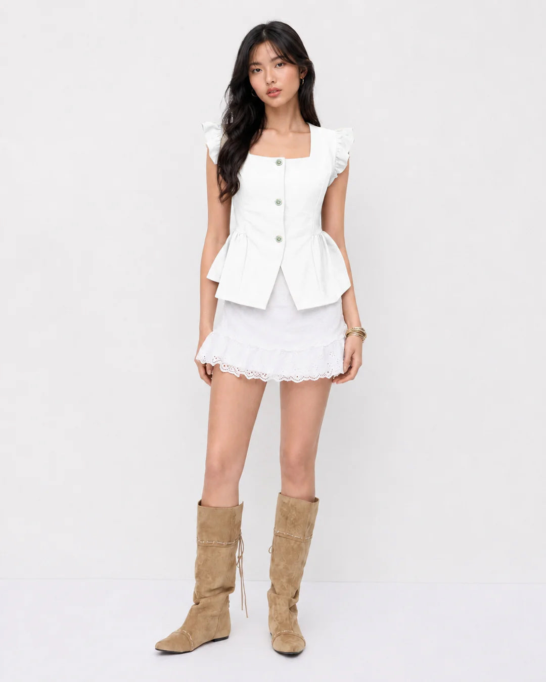 Square Neck Button Front Peplum Top in Classic White