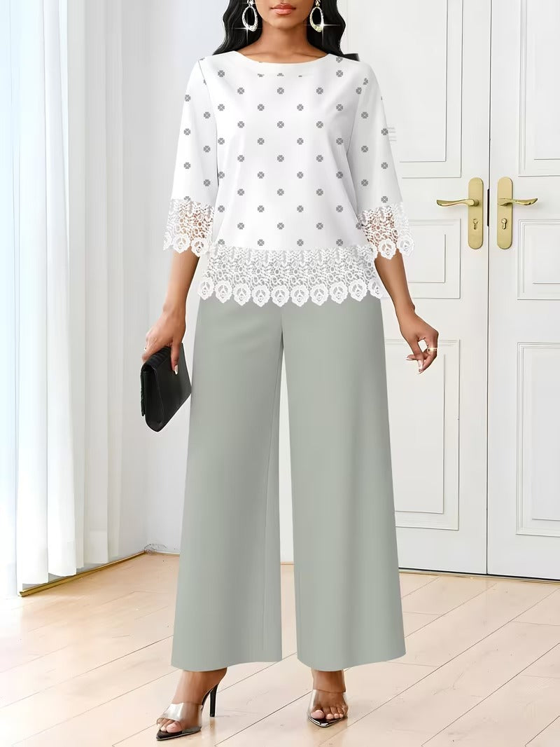 Chic Polka Dot Lace Co-Ord Set – Elegant Round Neck Top with Relaxed Fit Solid Trousers