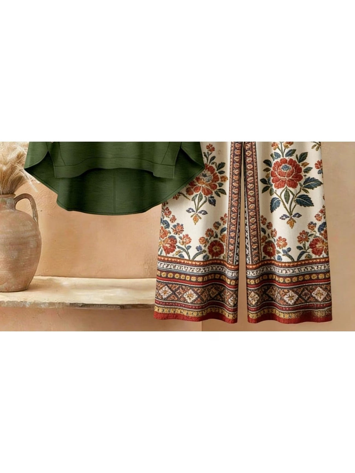 Plus Size Retro Print Two-Piece Set – Casual Long Sleeve Top & Comfortable Pants Outfit for Women