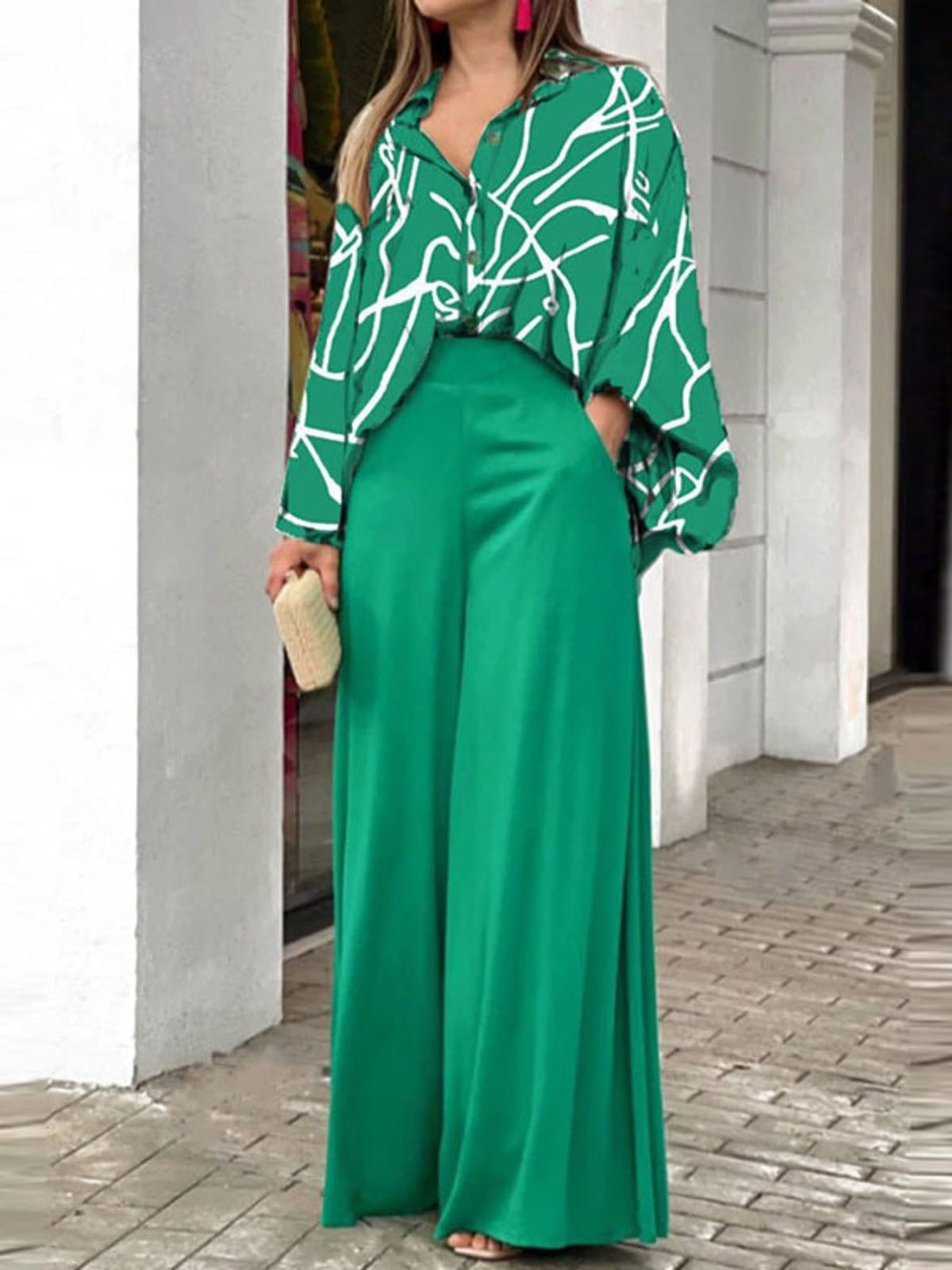 Chic Printed Shirt & Wide-Leg Trousers Set – Relaxed Stylish Two-Piece Outfit for Women