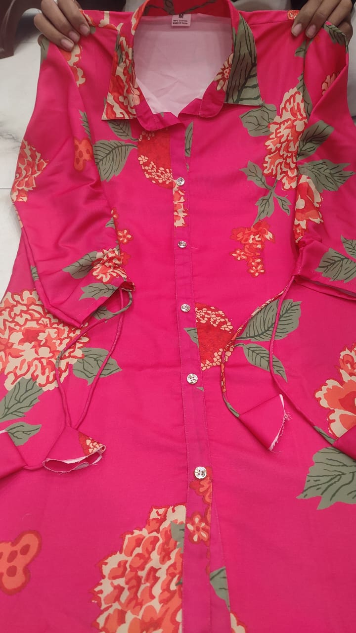 Muslin Digital Print Co-Ord Set – Shirt Collar Top with Dori Pattern Sleeves & Matching Pant