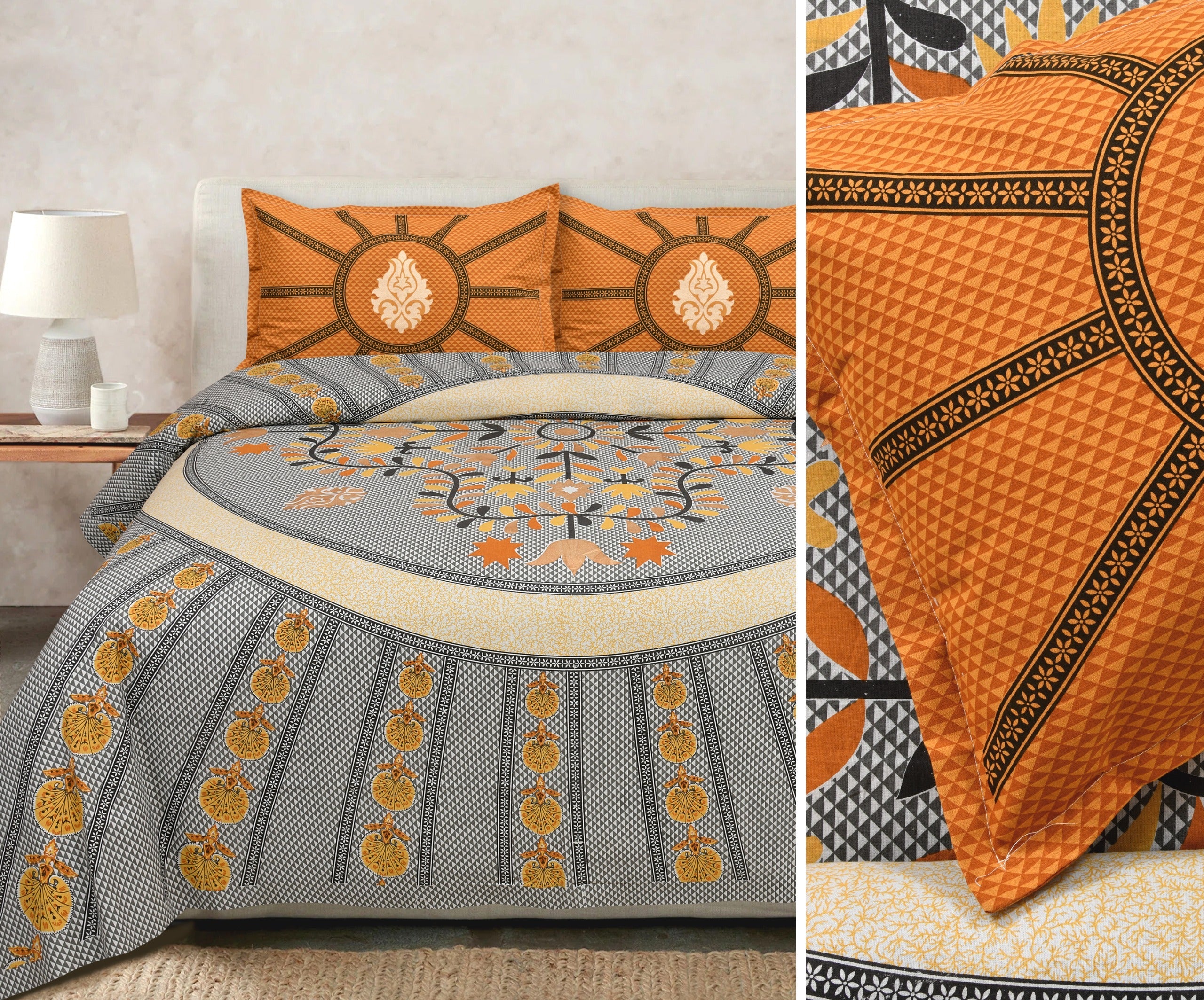 Gold Printed Cotton Bedsheet Set with Coordinating Pillow Covers