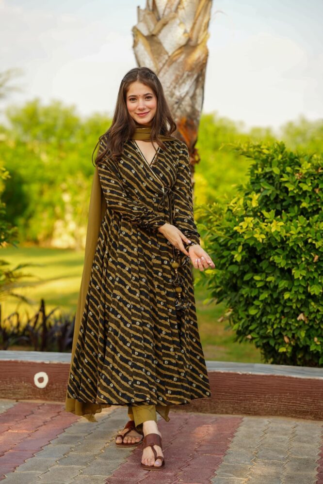 Cotton Lahariya Angrakha Anarkali Suit with Chudi Sleeves