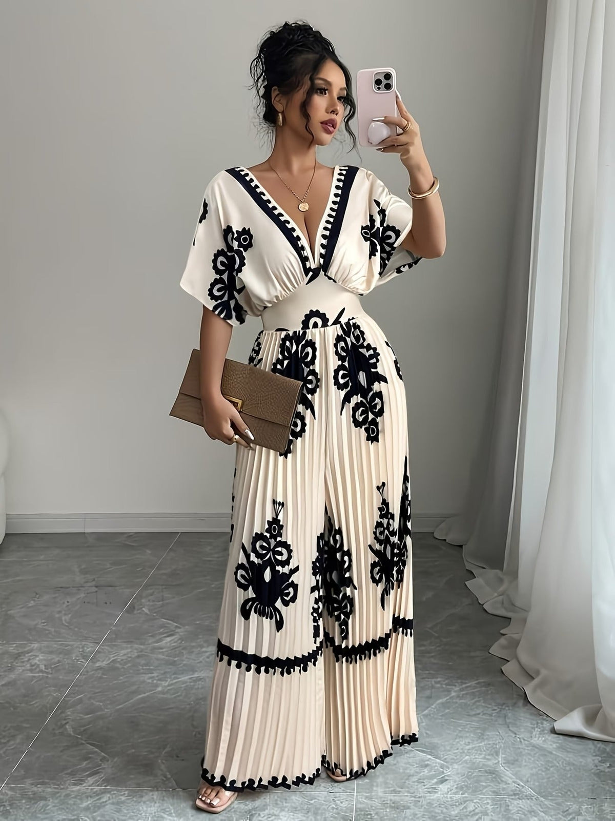 Chic Women’s V-Neck Jumpsuit with Waist-Cinching Fit – Elegant Wide-Leg Fashion Outfit