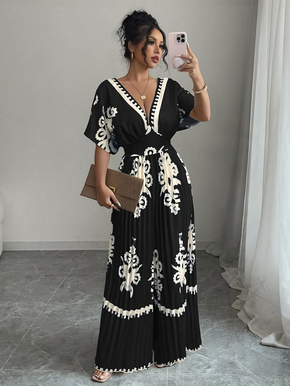 Chic Women’s V-Neck Jumpsuit with Waist-Cinching Fit – Elegant Wide-Leg Fashion Outfit