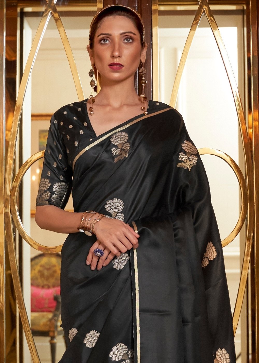 Midnight Black Designer Satin Silk Saree