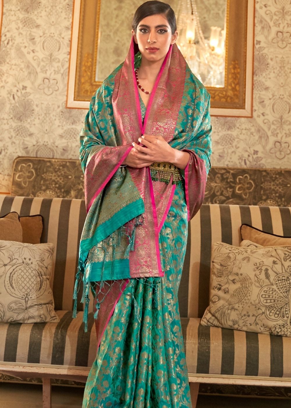 Sea Green Woven Banarasi Tussar Silk Saree : Top Pick