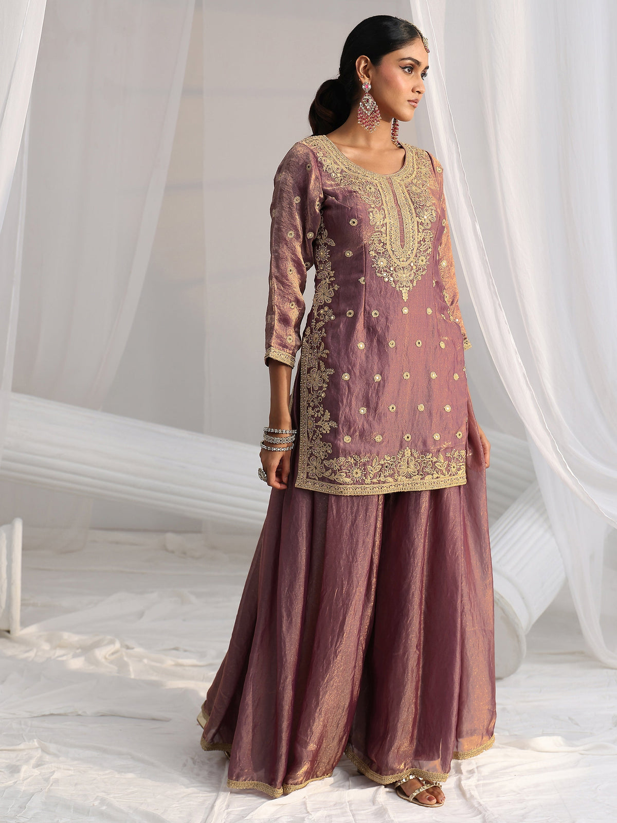 Anouk Art Dusty Mauve Mirror Work Embroidered Palazzo Suit Set