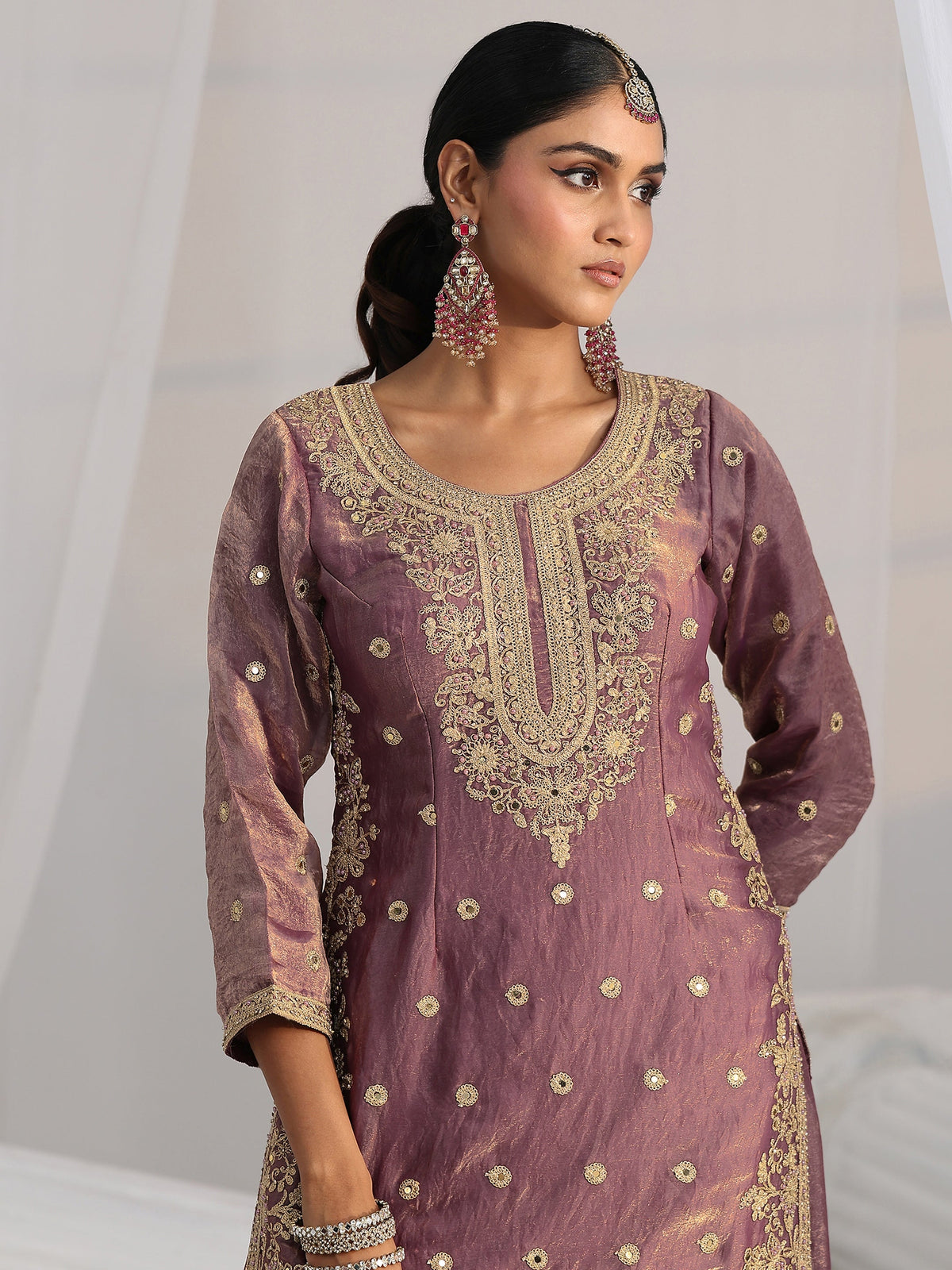 Anouk Art Dusty Mauve Mirror Work Embroidered Palazzo Suit Set