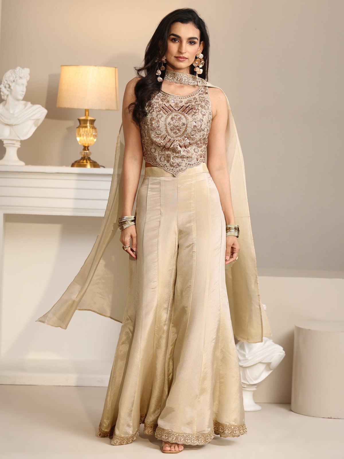 Anouk Art Beige Embellished Tissue Crop Top and Palazzo Suit Set