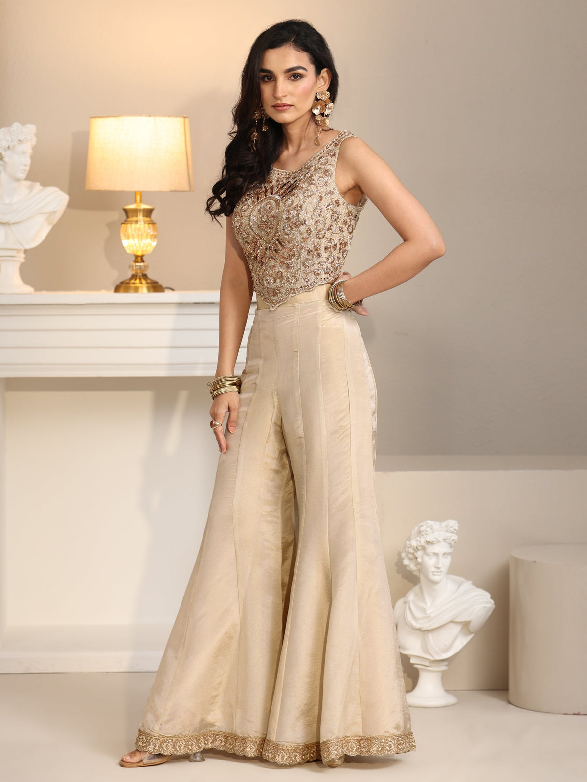 Anouk Art Beige Embellished Tissue Crop Top and Palazzo Suit Set