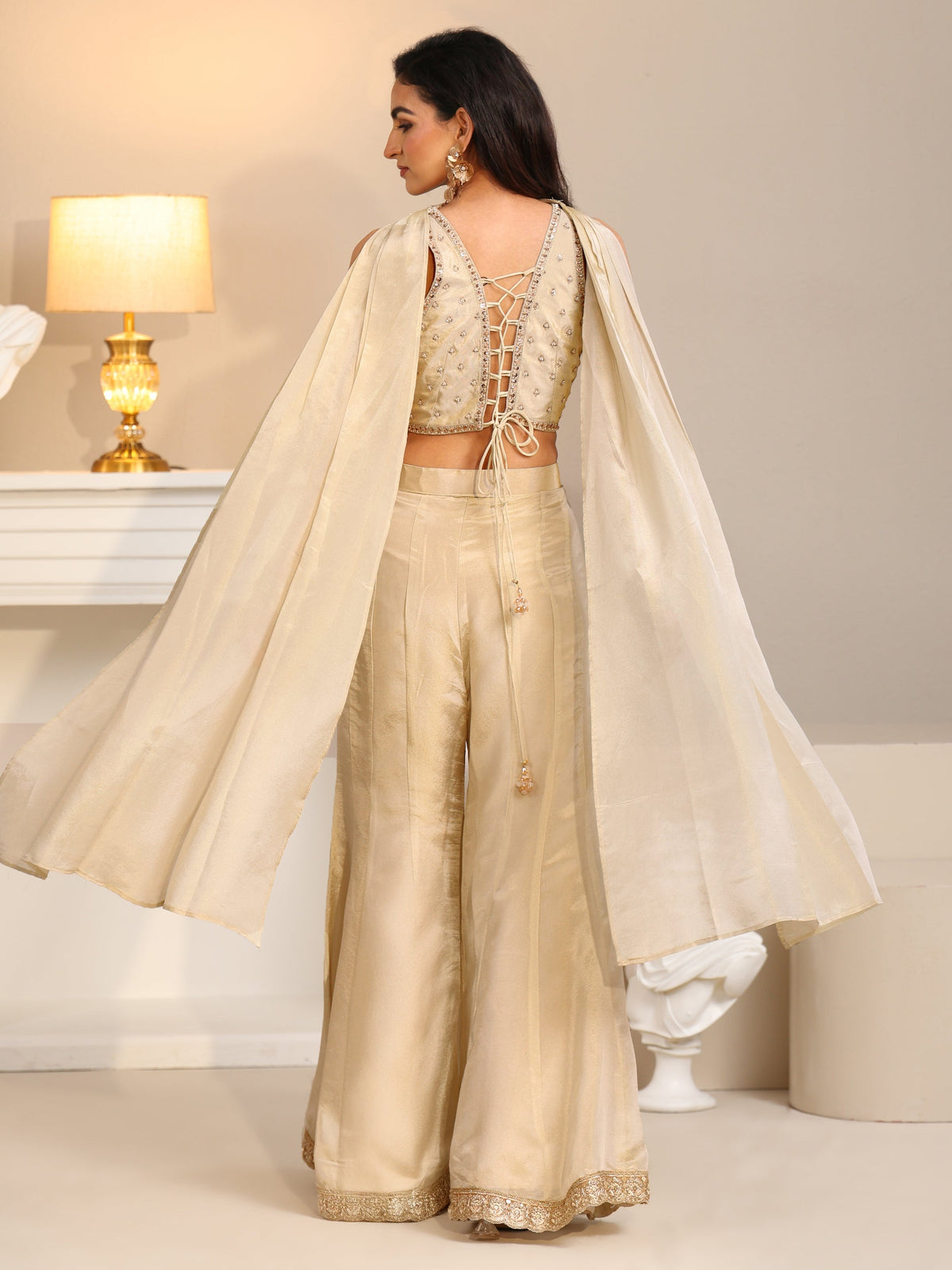 Anouk Art Beige Embellished Tissue Crop Top and Palazzo Suit Set