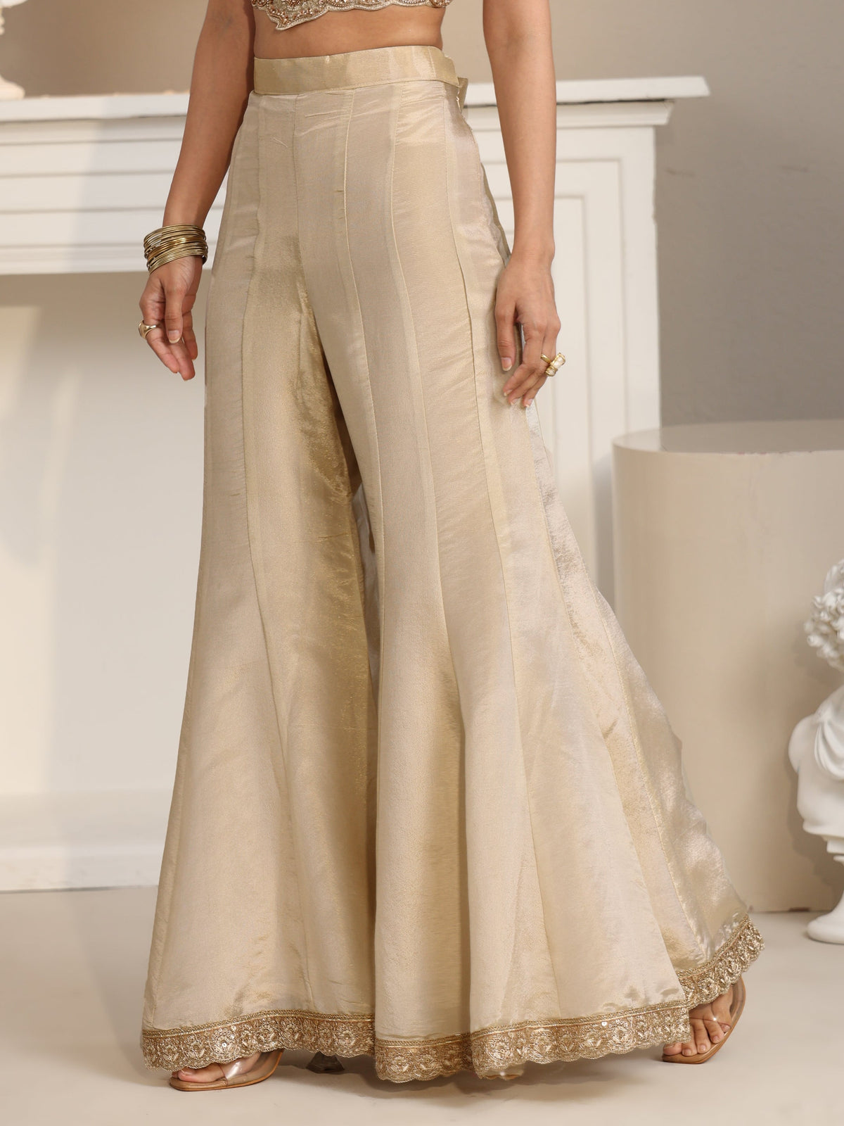 Anouk Art Beige Embellished Tissue Crop Top and Palazzo Suit Set