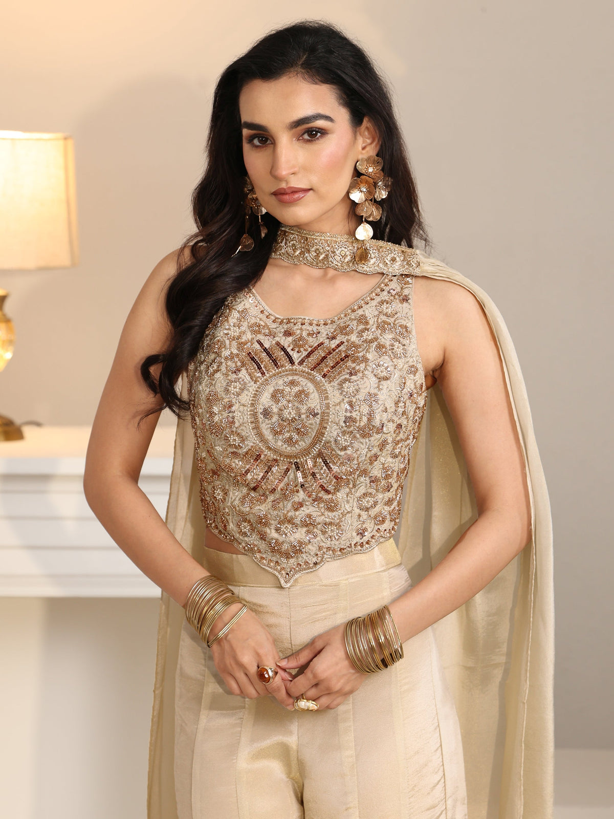 Anouk Art Beige Embellished Tissue Crop Top and Palazzo Suit Set