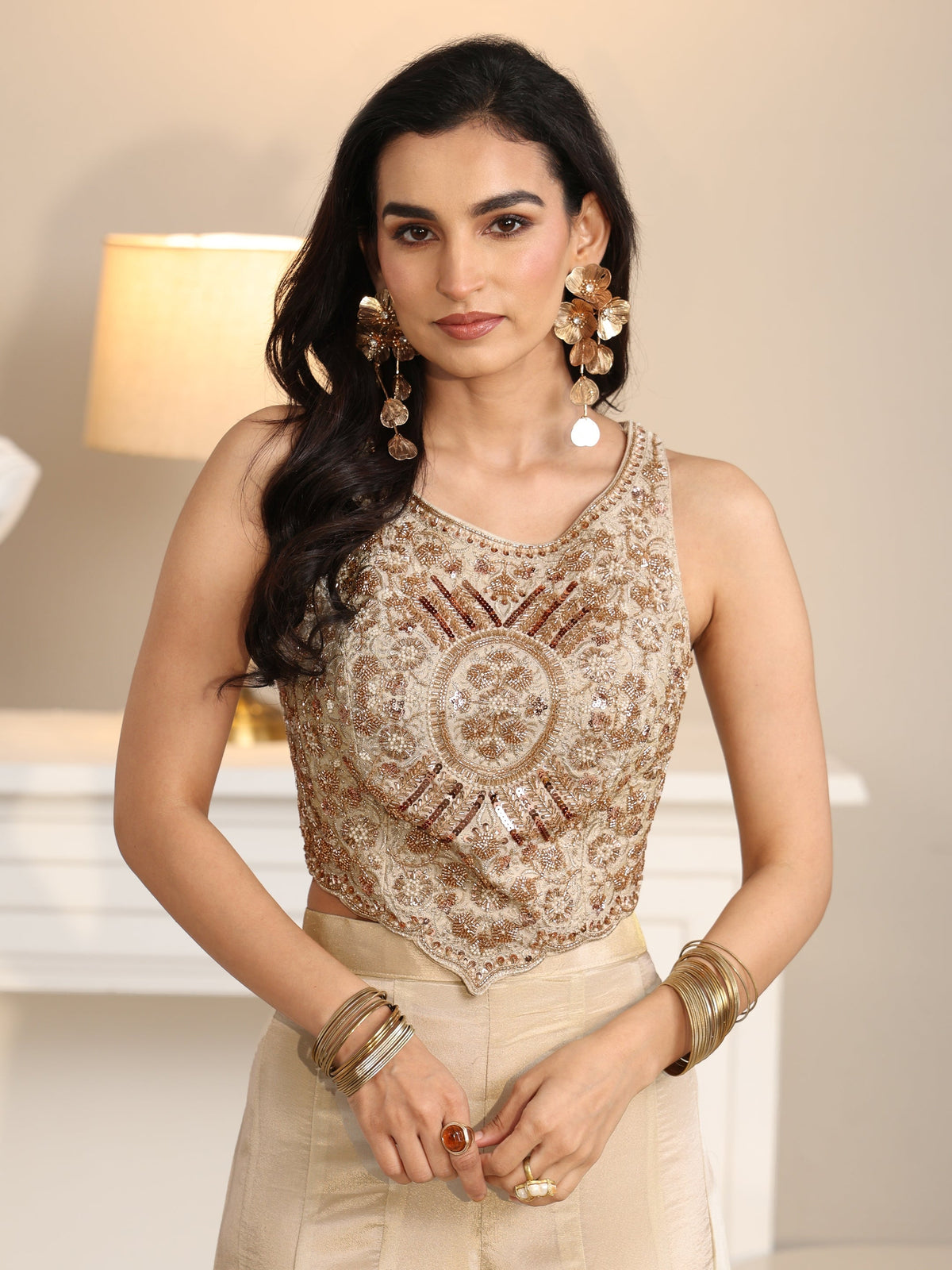 Anouk Art Beige Embellished Tissue Crop Top and Palazzo Suit Set