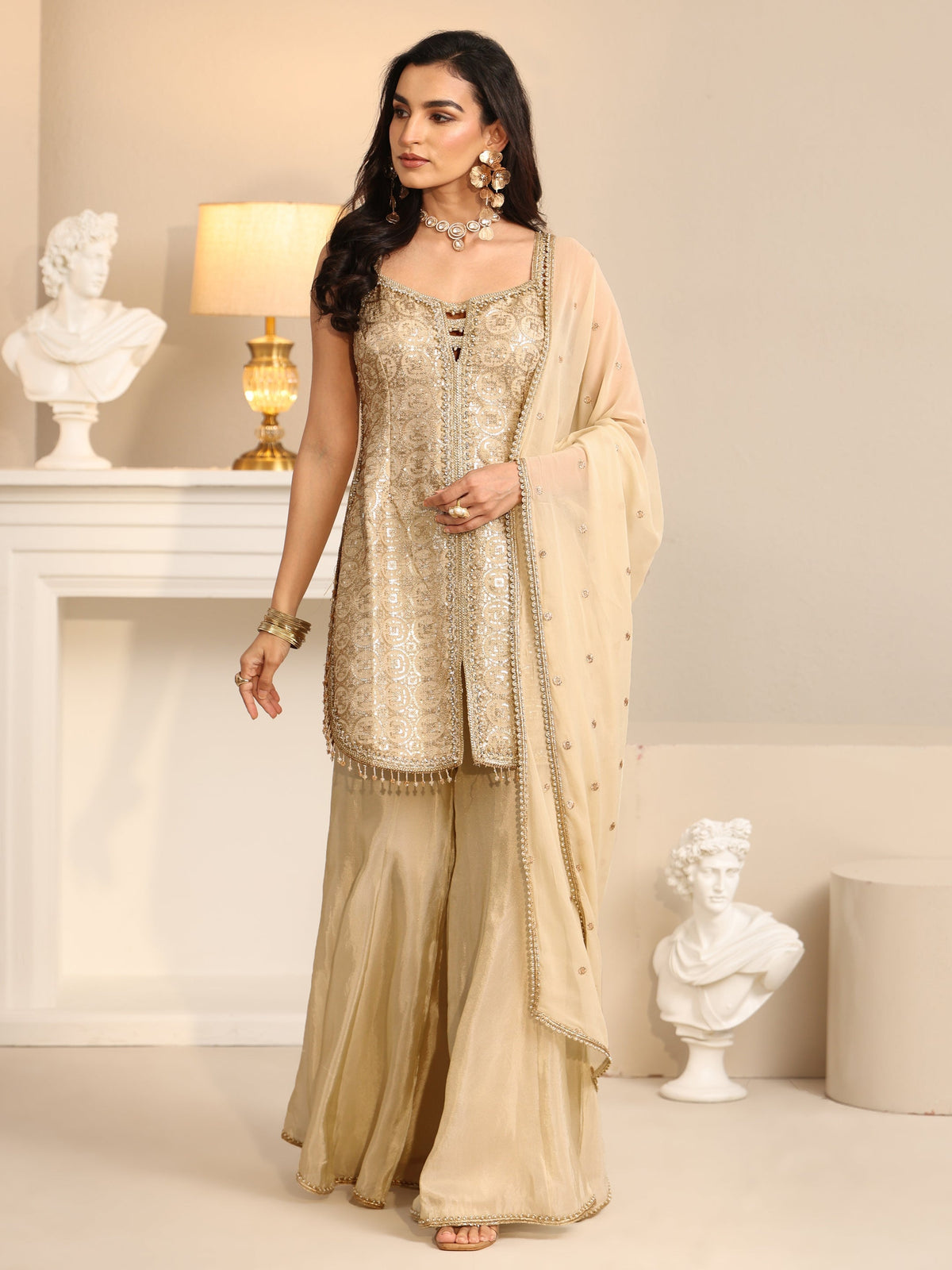 Anouk Art Off White Embellished Strappy Tissue Palazzo Suit Set