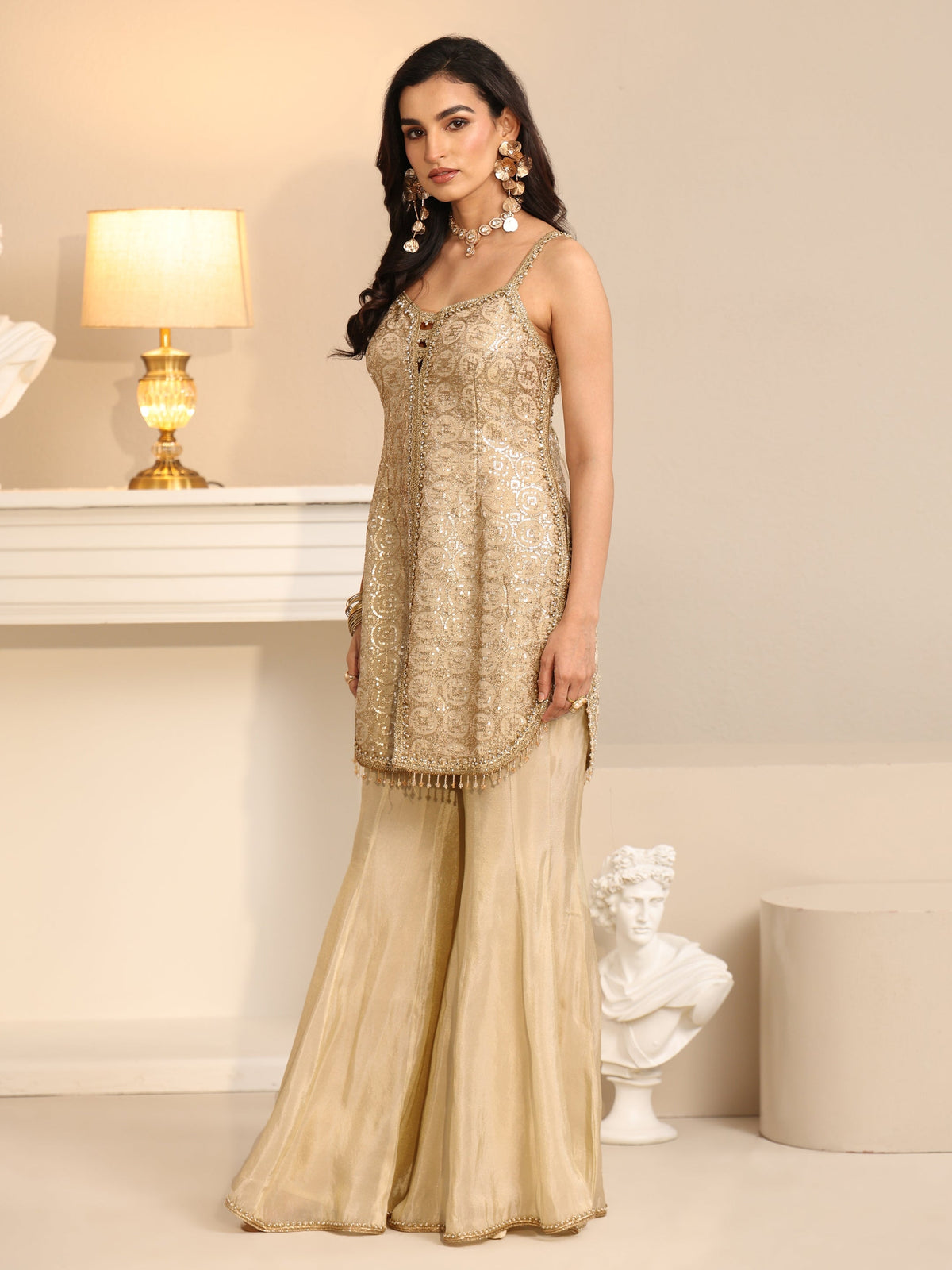 Anouk Art Off White Embellished Strappy Tissue Palazzo Suit Set
