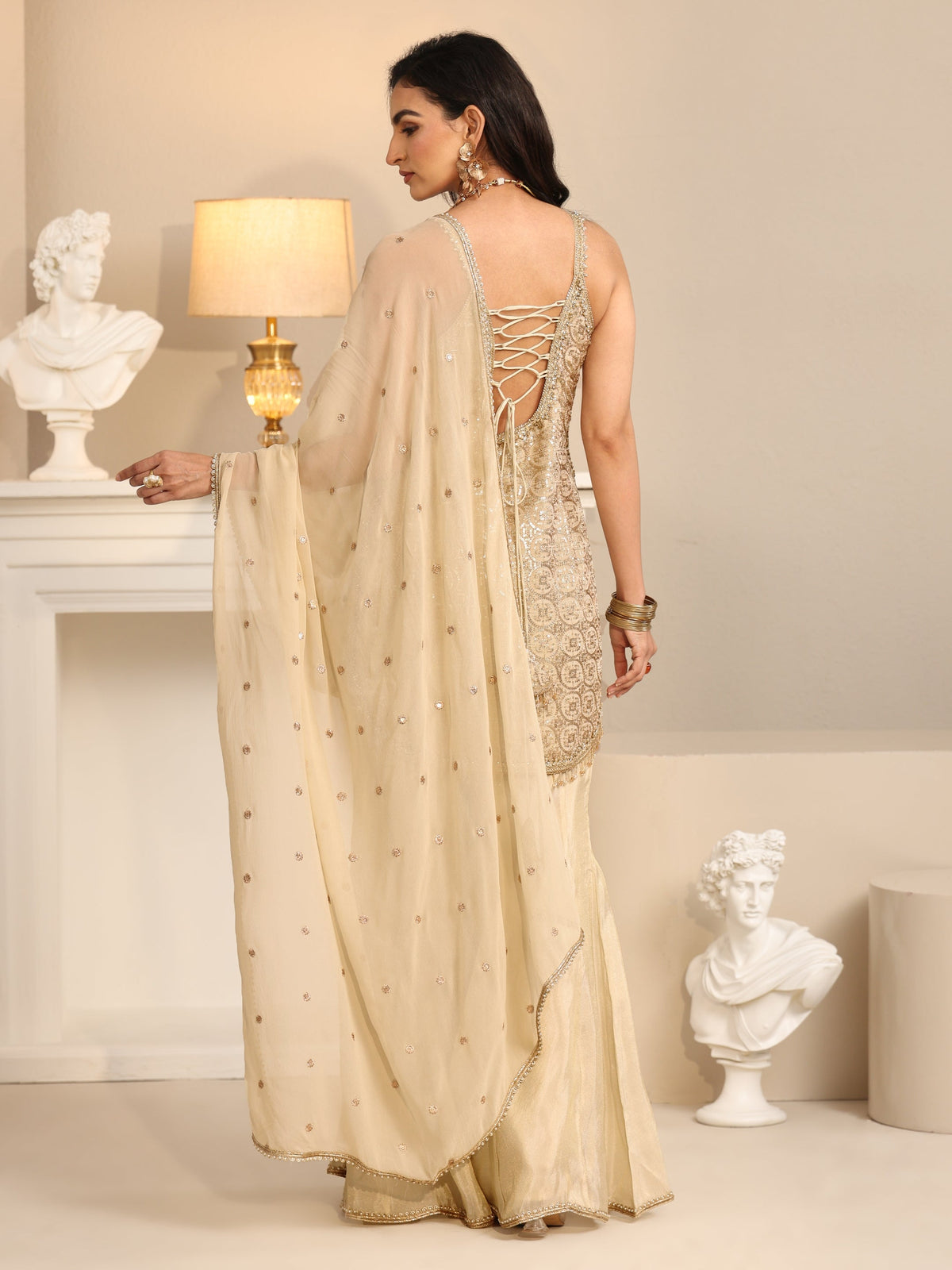 Anouk Art Off White Embellished Strappy Tissue Palazzo Suit Set